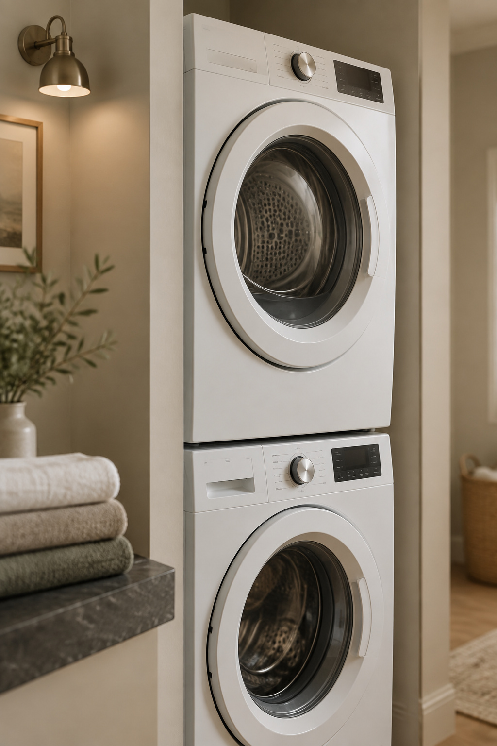 White washer and dryer stacked vertically with both doors visible in a putty-toned alcove