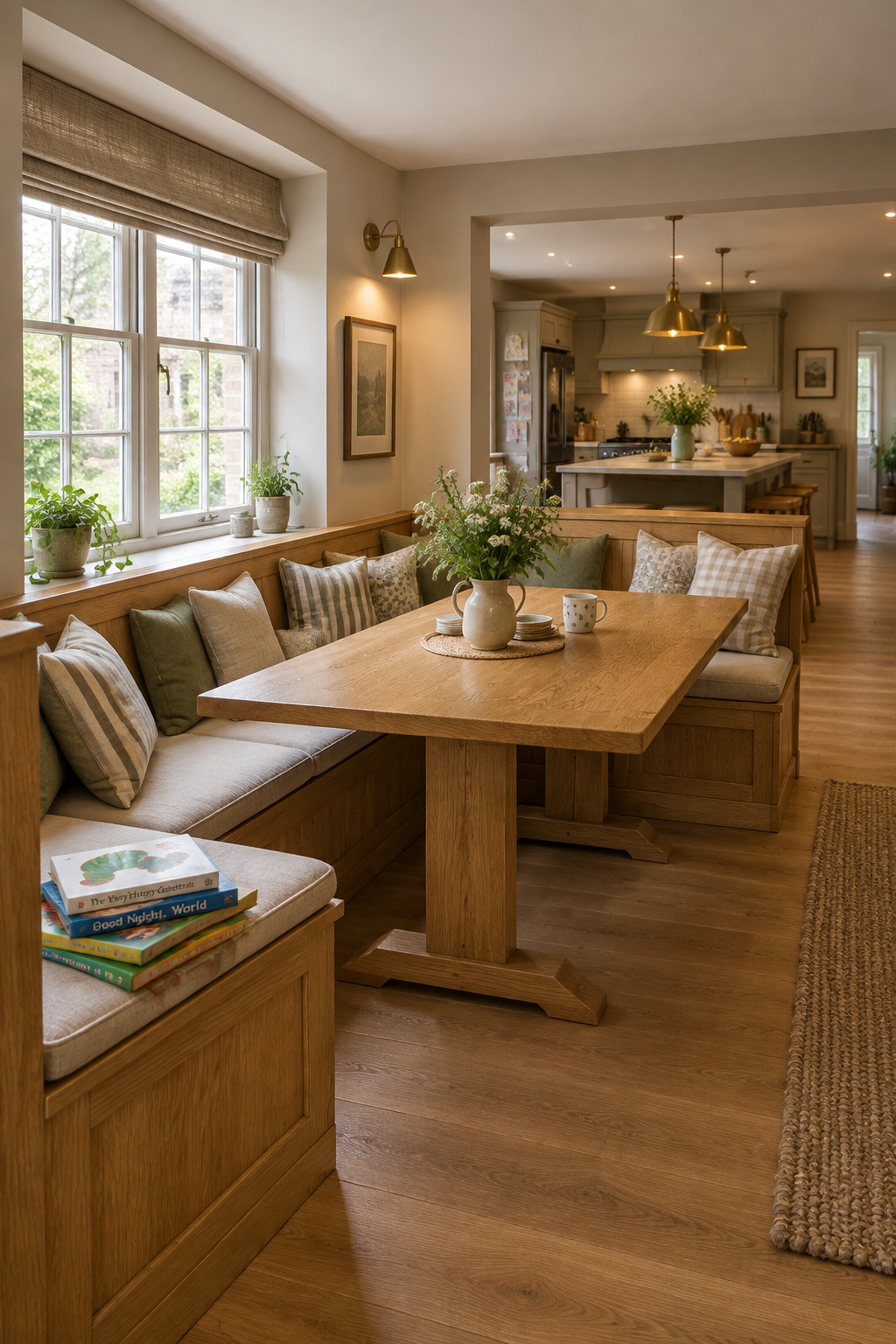 U-shaped oak banquette wrapping three sides of a table inside a deep bay window alcove