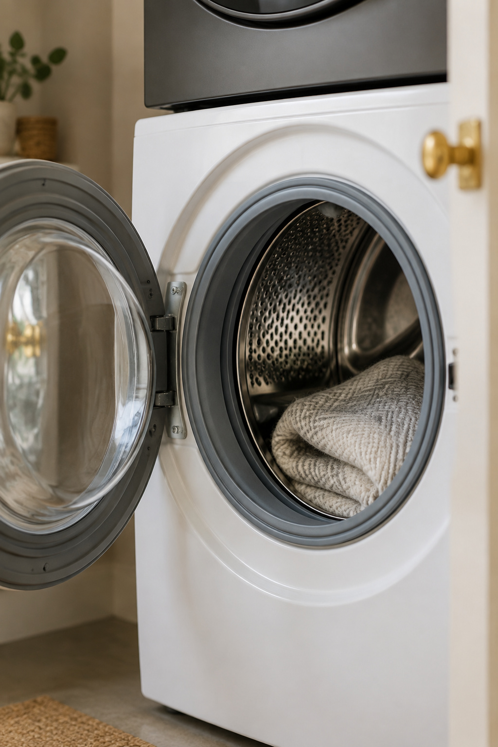 Open washer door showing a single blanket sitting unevenly on one side of the drum beneath a stacked graphite dryer