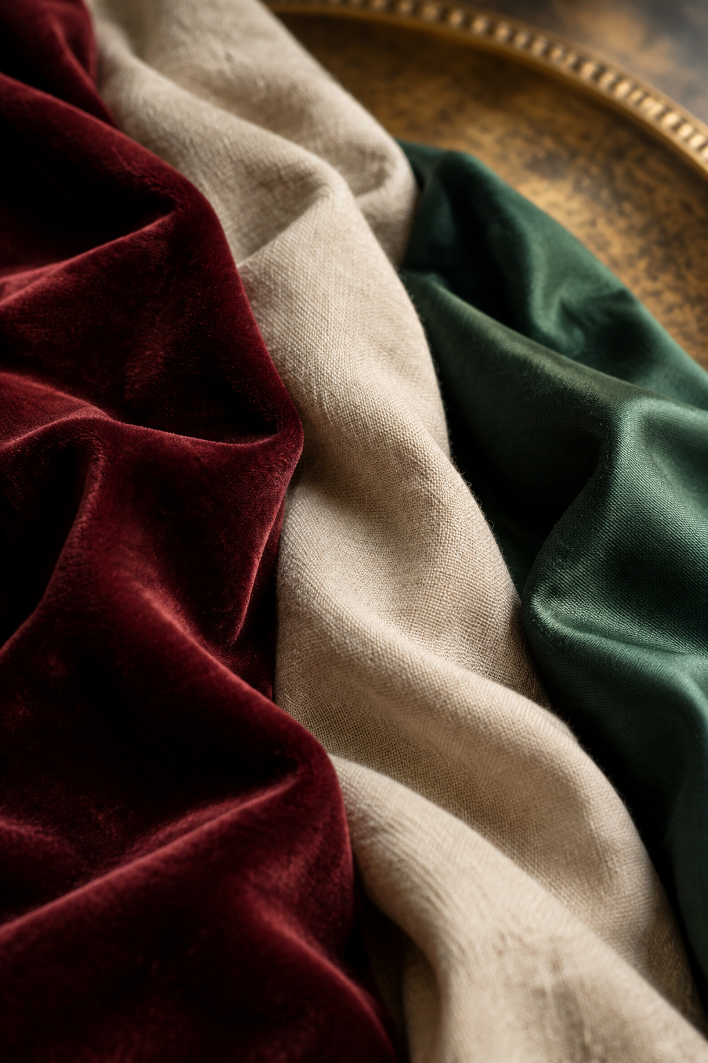 Three draped fabric swatches — oxblood velvet, unbleached linen, bottle-green cotton sateen — lit at an angle to show texture and sheen differences