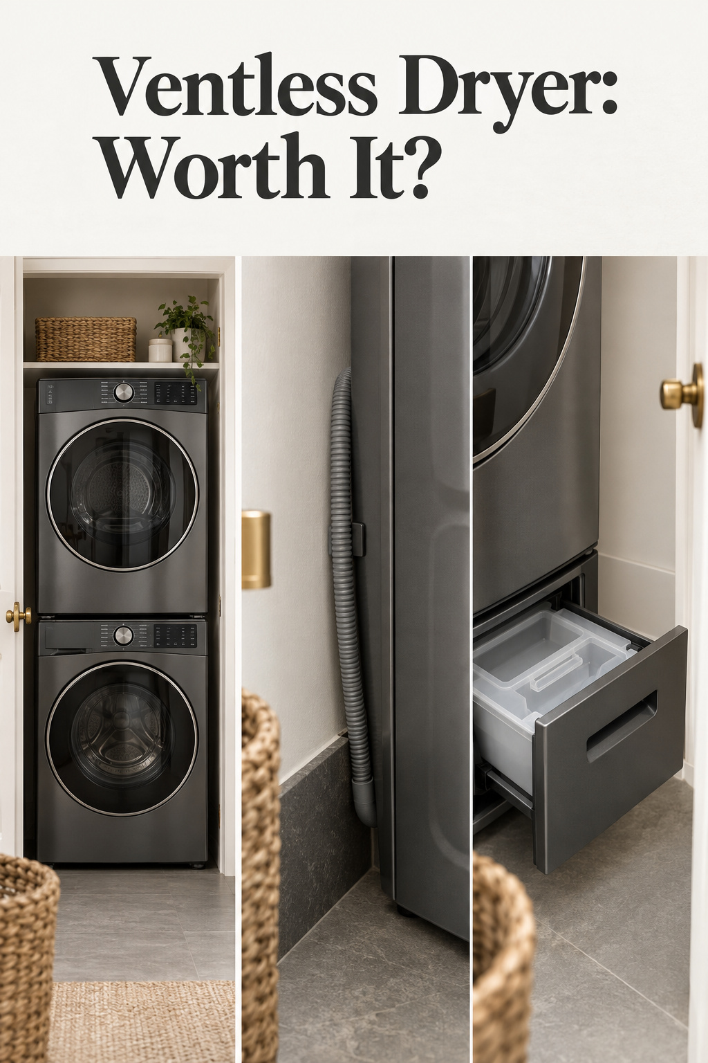 Three-panel collage of a ventless heat-pump dryer stacked on a washer, its condensate drain hose and its water tank drawer