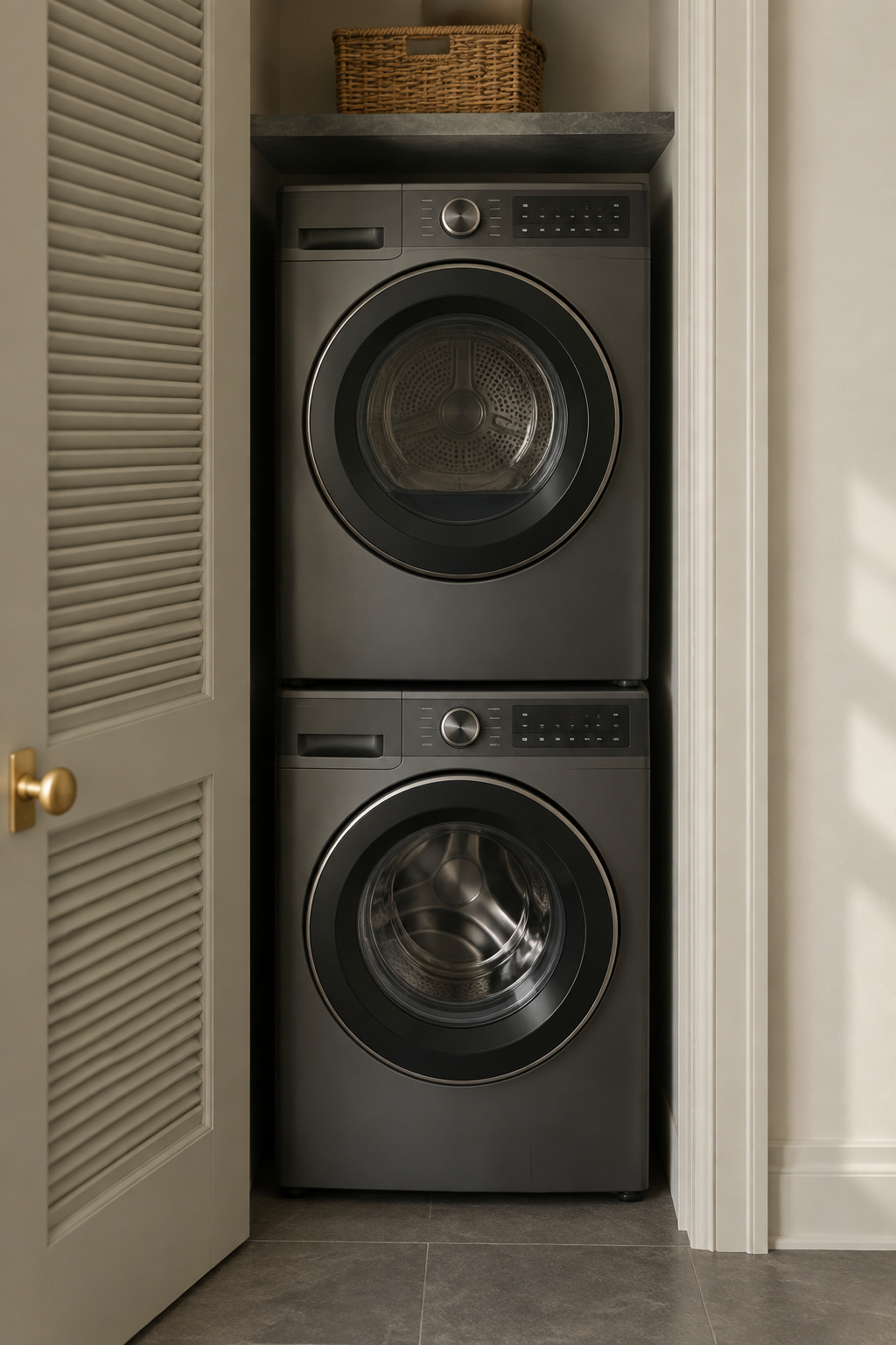 Graphite ventless dryer stacked on a matching graphite washer in a shallow closet with no duct, louvered putty door folded open