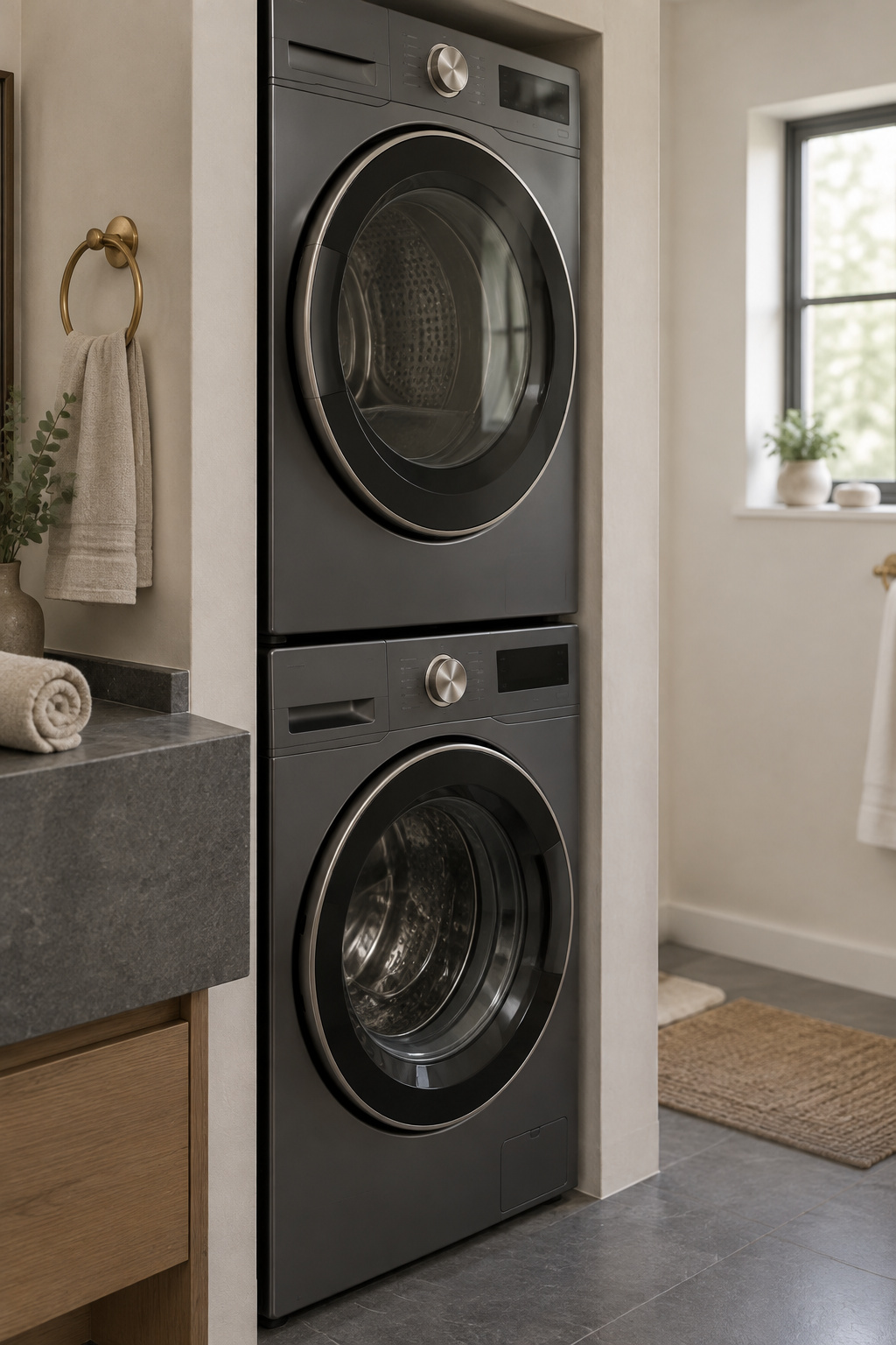 Graphite dryer stacked on a matching washer beside a honed dark-grey stone bathroom vanity edge