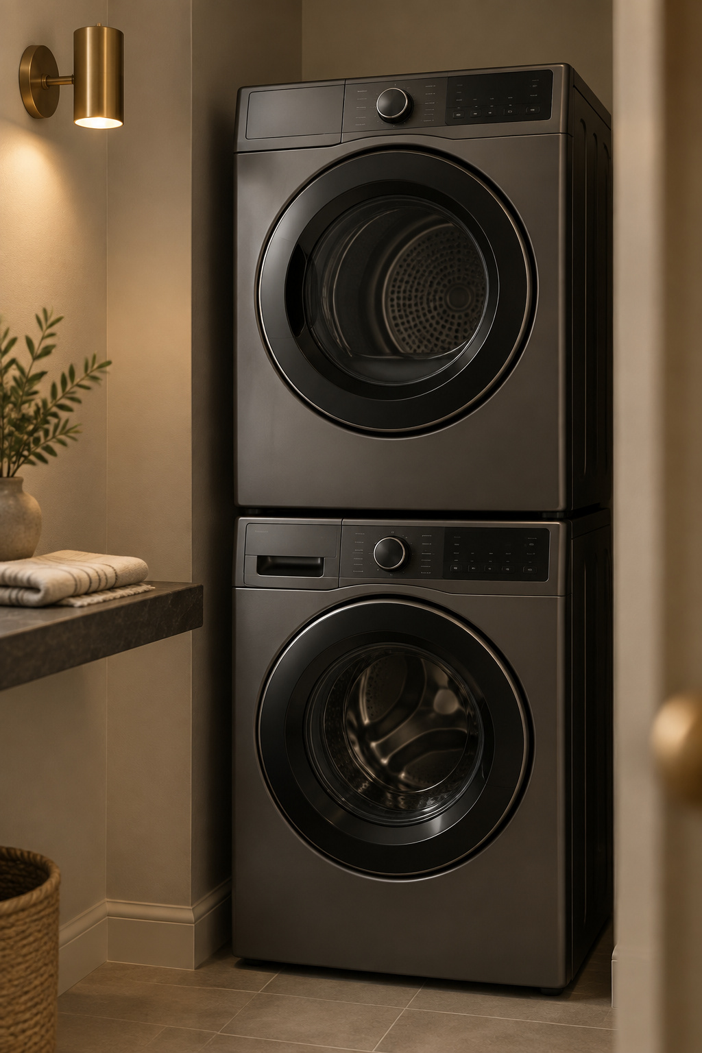 Graphite stacked washer and dryer in a windowless interior alcove with no vent duct visible