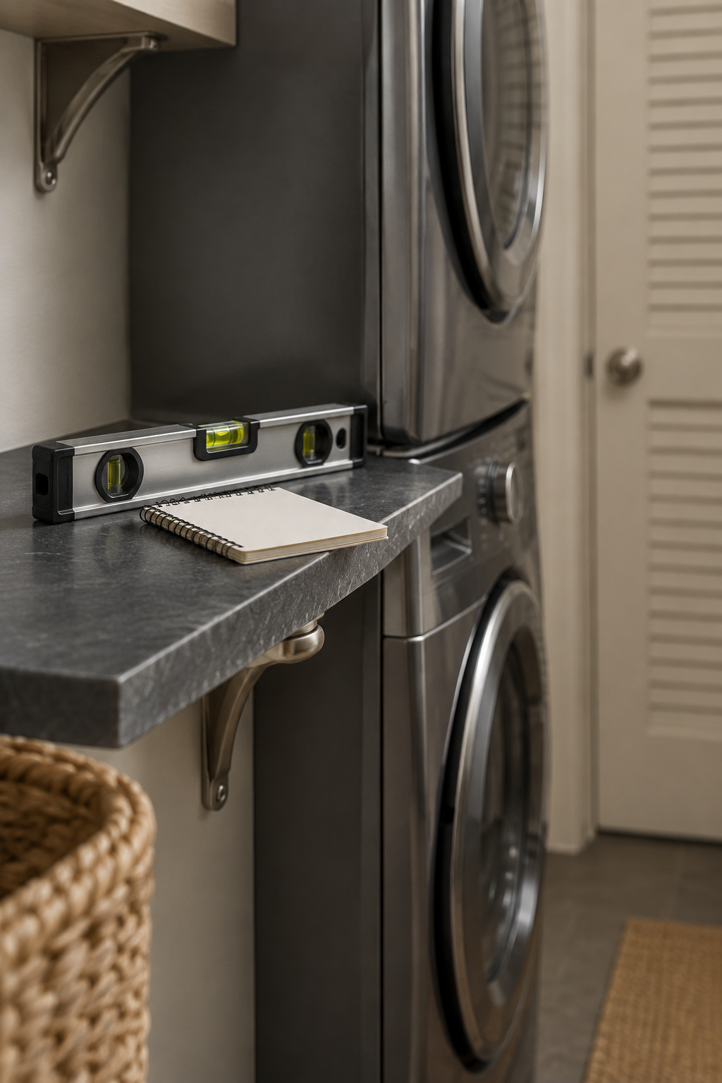 Torpedo level and blank notepad on a stone shelf beside a stacked graphite washer and dryer