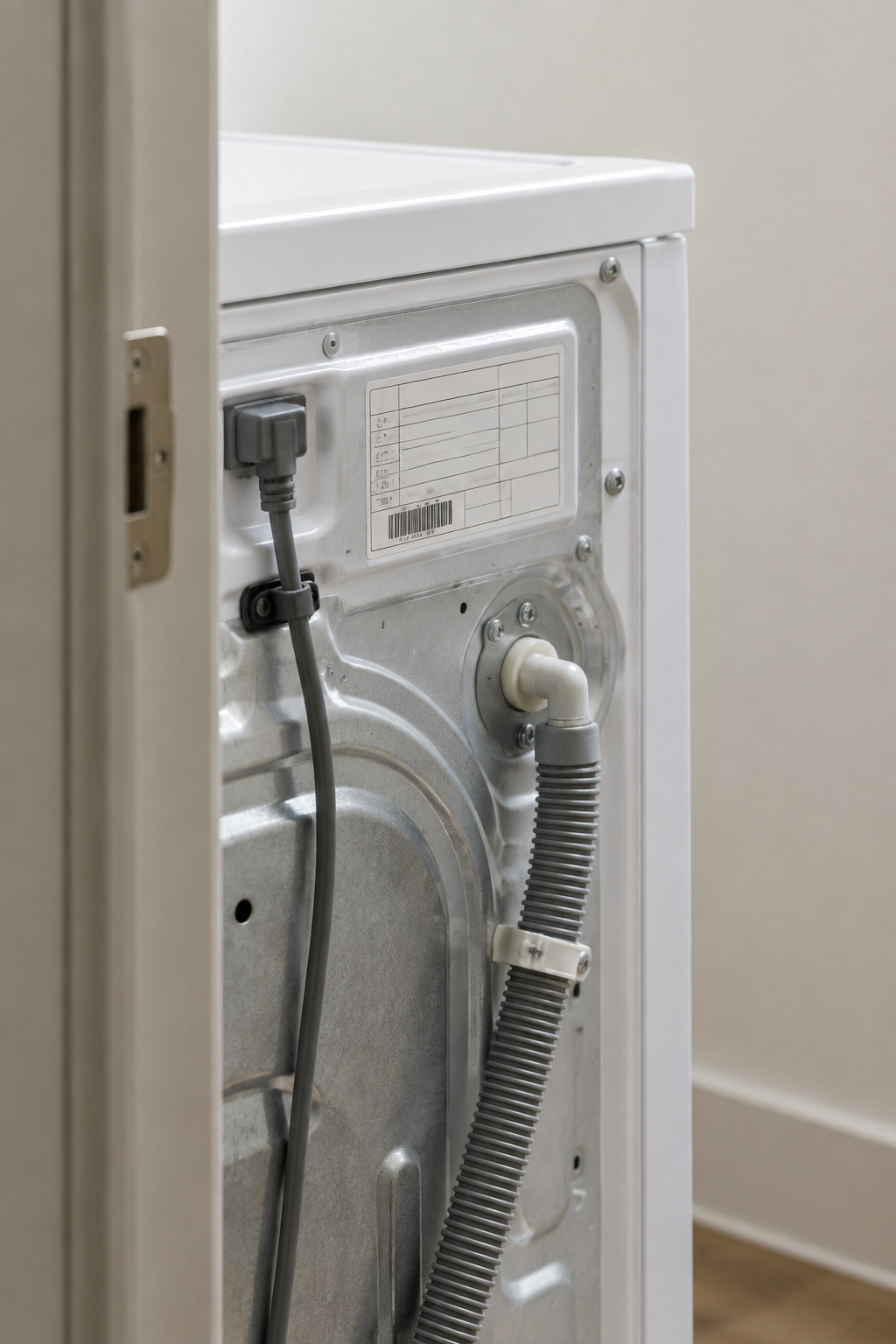 Close view of a front-load washer's rear panel and rating area in a small closet, checked before buying a stacking kit