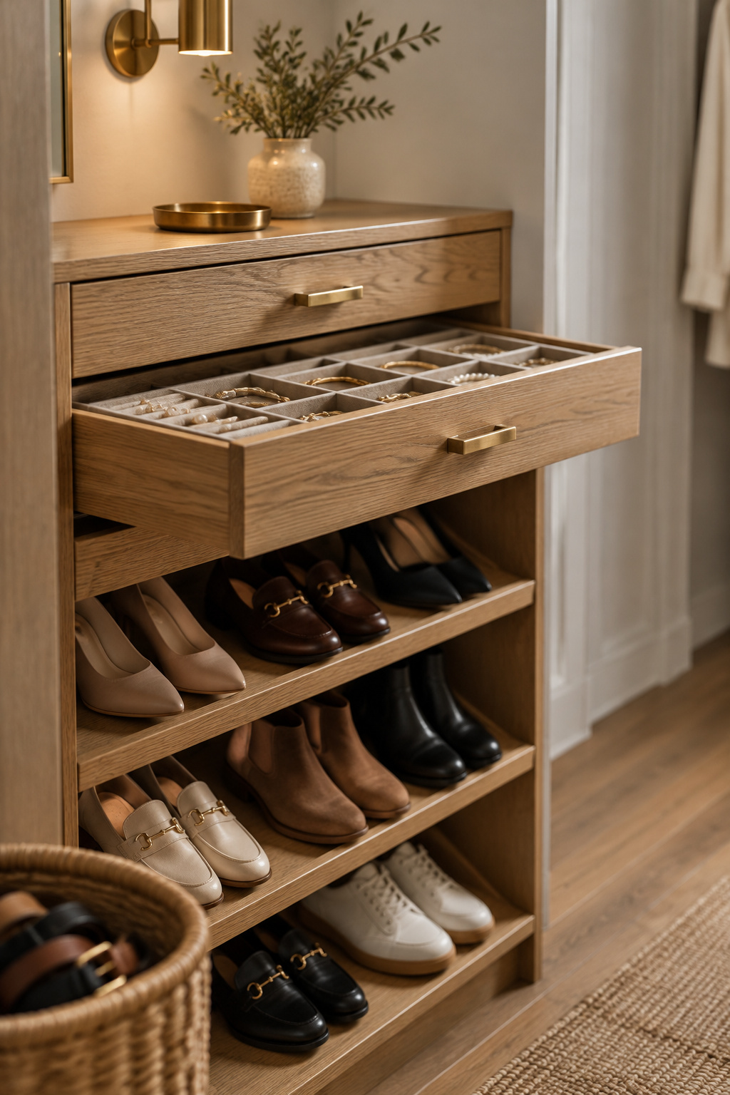 Accessory zone in a walk-in closet with jewelry drawer trays and angled shoe shelving