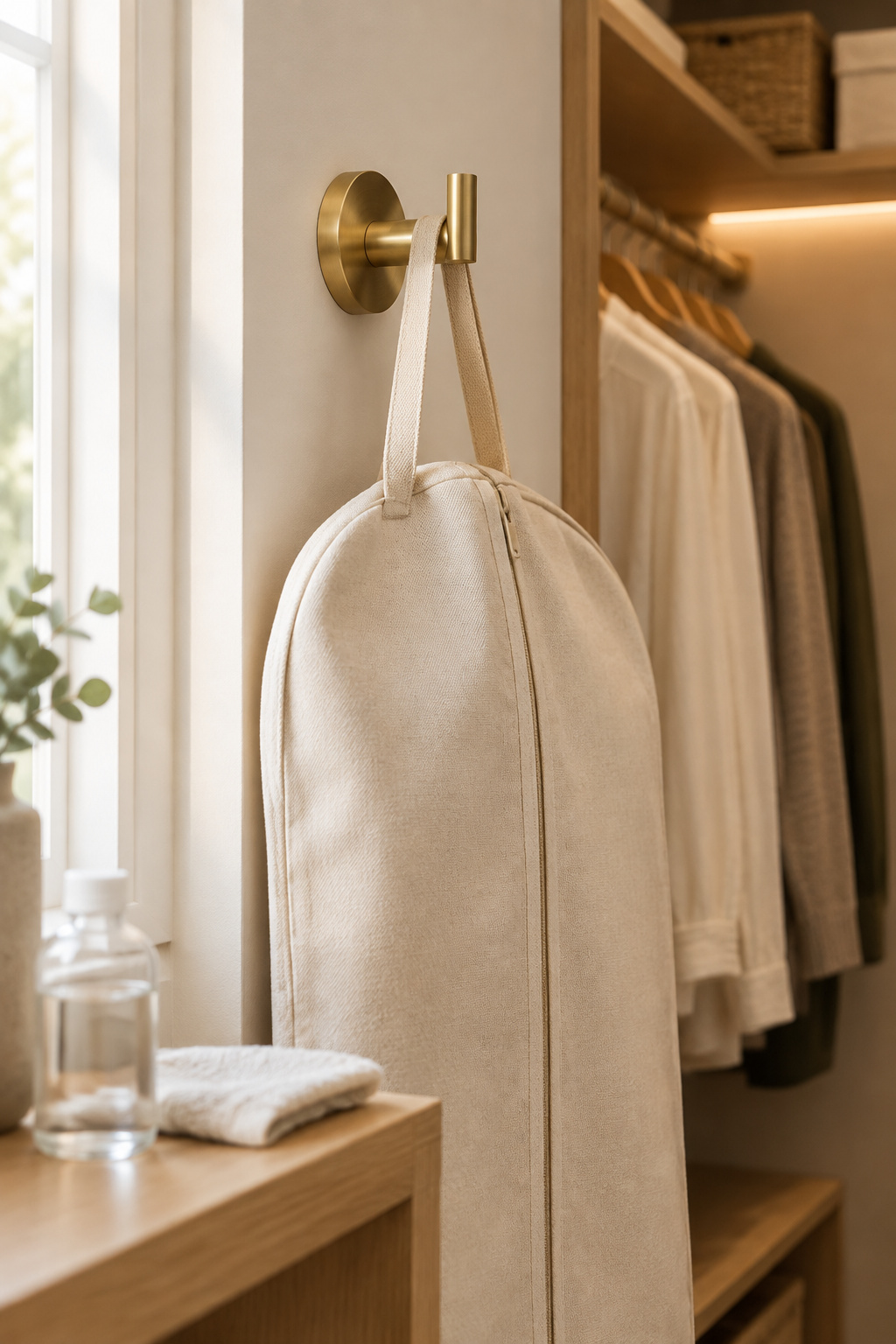 Brushed brass adhesive hook holding a canvas garment bag on a smooth painted closet wall