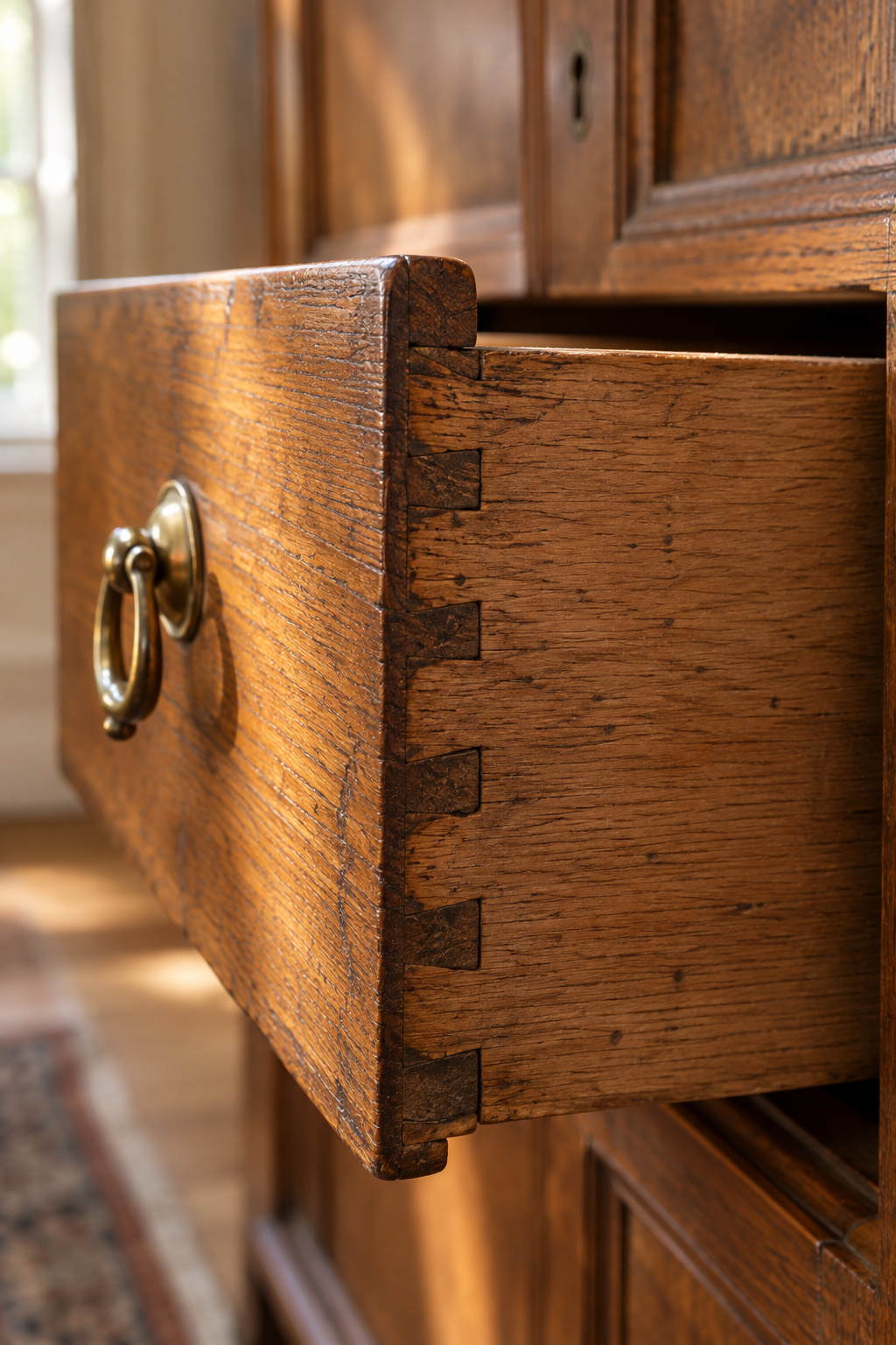 Close-up of finely cut dovetail joints on an antique oak wardrobe drawer
