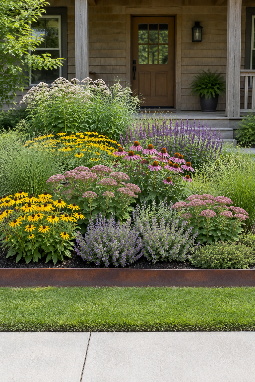 Straight-on view from the sidewalk of a finished front-yard pollinator bed with crisp steel edging and mown verge