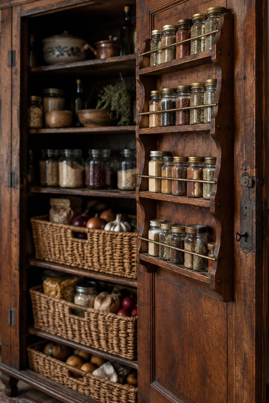 Antique armoire repurposed as a pantry, with spice racks fitted to the door panel and woven baskets holding food on the lower shelves
