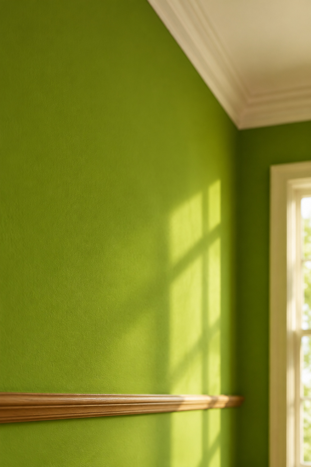 Vivid warm yellow-green heritage paint on a wall section beneath a plain warm-white cornice