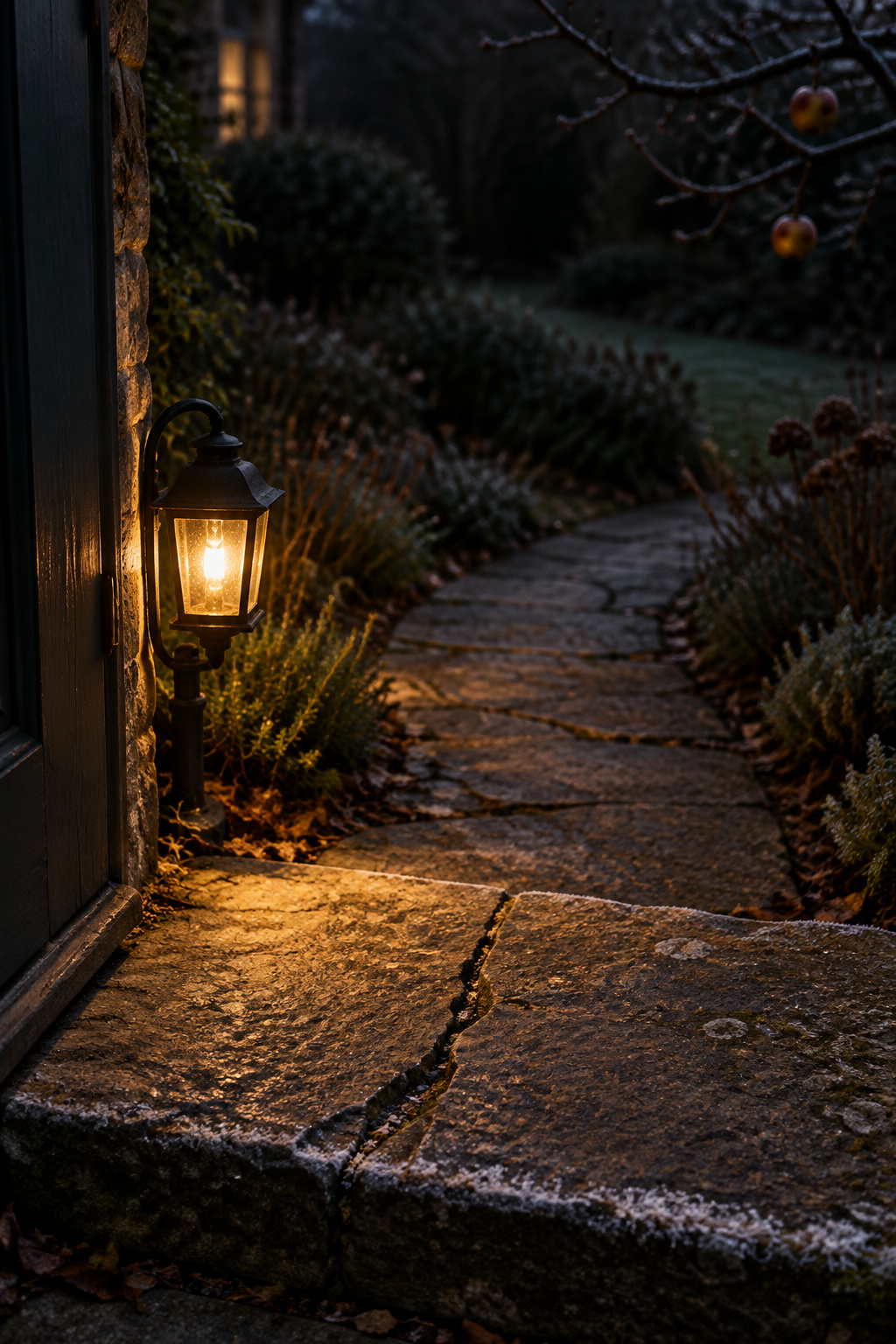 A worn flagstone back doorstep lit by one small amber lantern fixture, with the path turning away into darkness