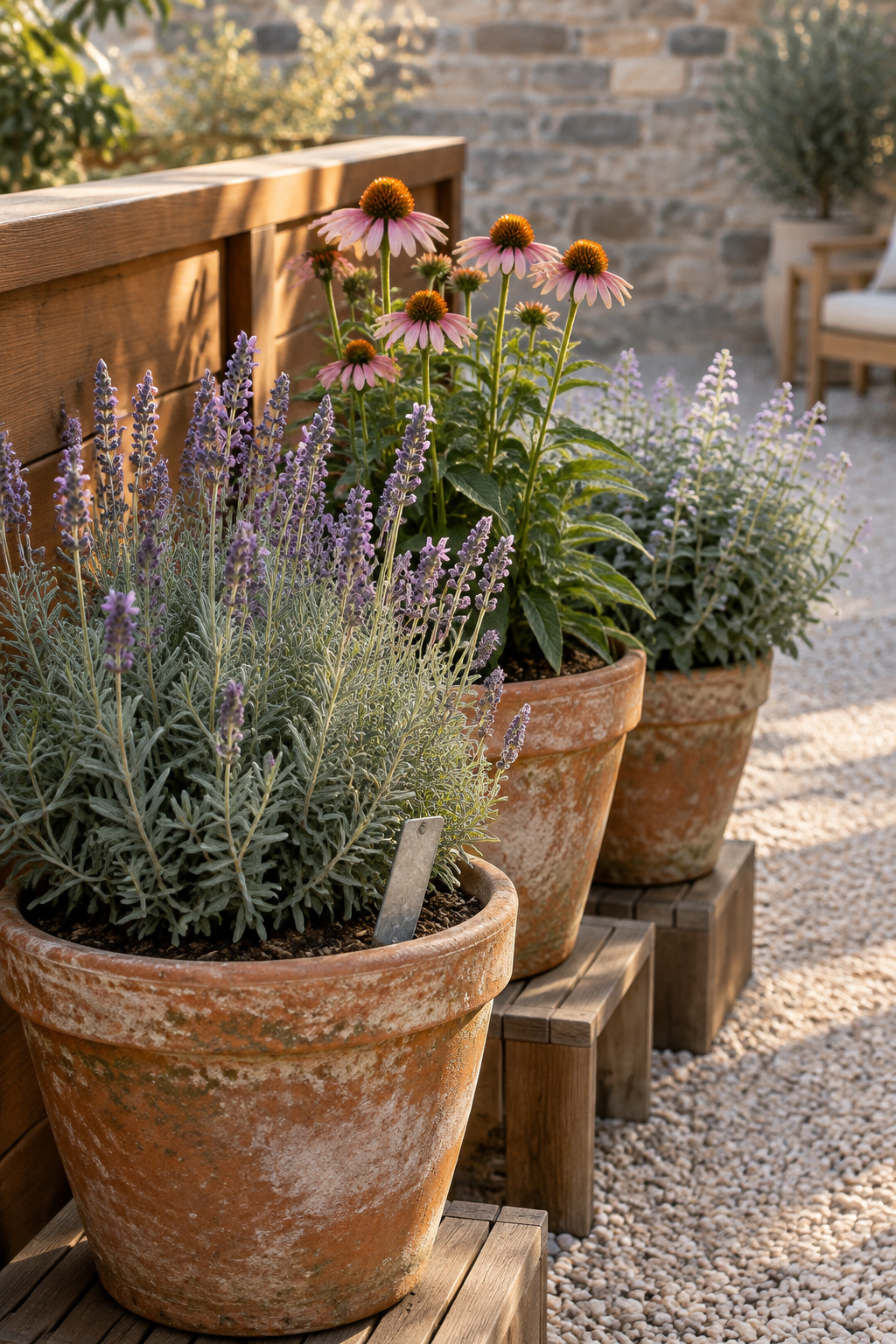 Three terracotta pots of lavender, coneflower and hummingbird mint staggered along a cedar balcony rail in golden-hour light