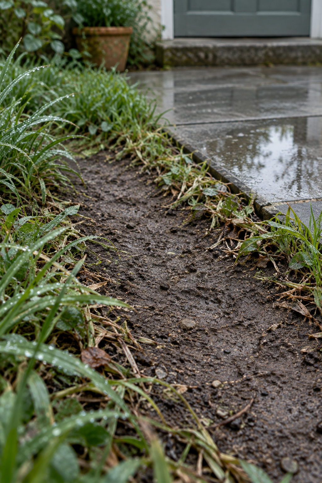A strip of trodden bare earth cutting diagonally through the corner of a sedge border beside a straight paved edge after rain