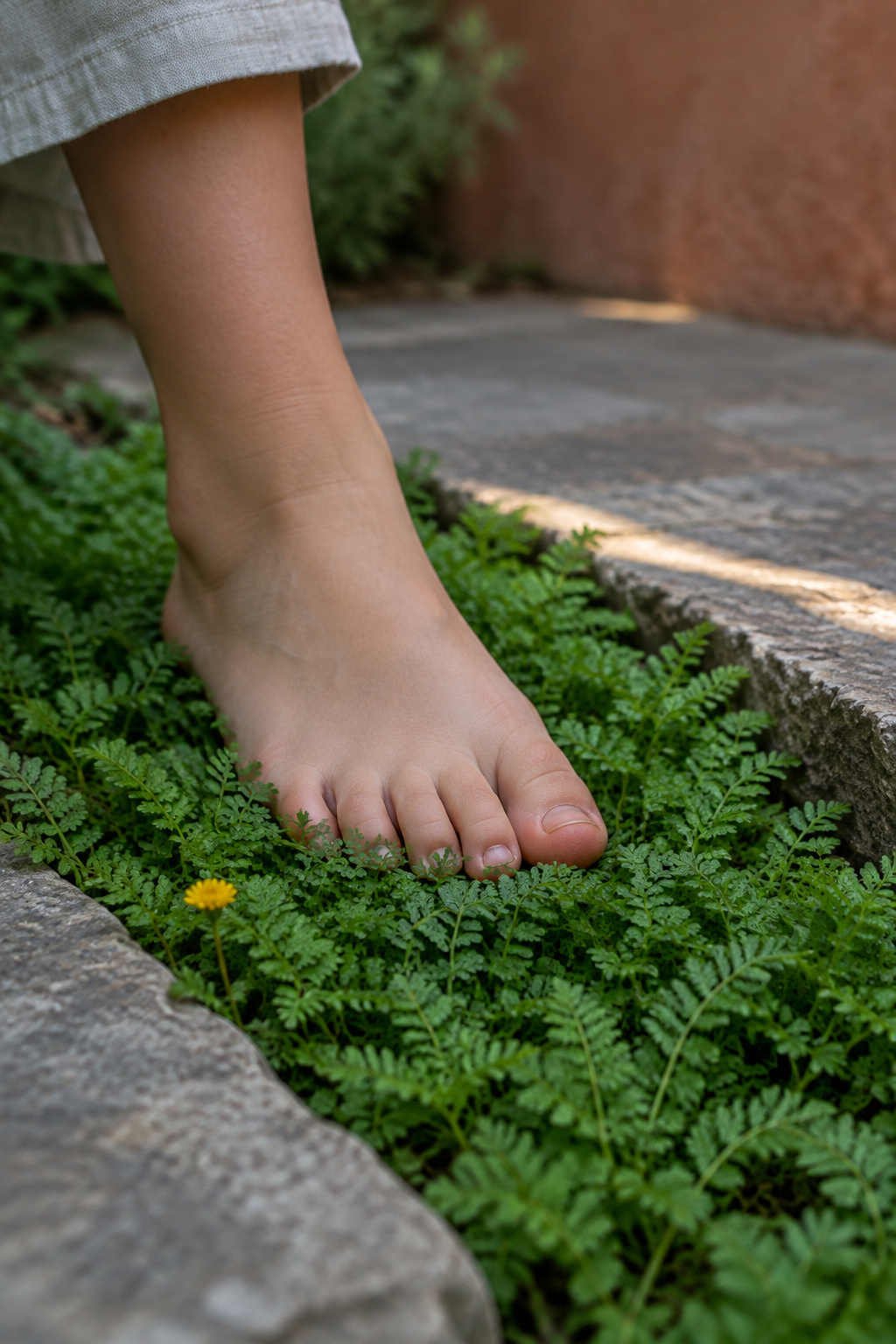 A small bare foot resting on a pale flagstone beside a low ferny green mat growing in the gap