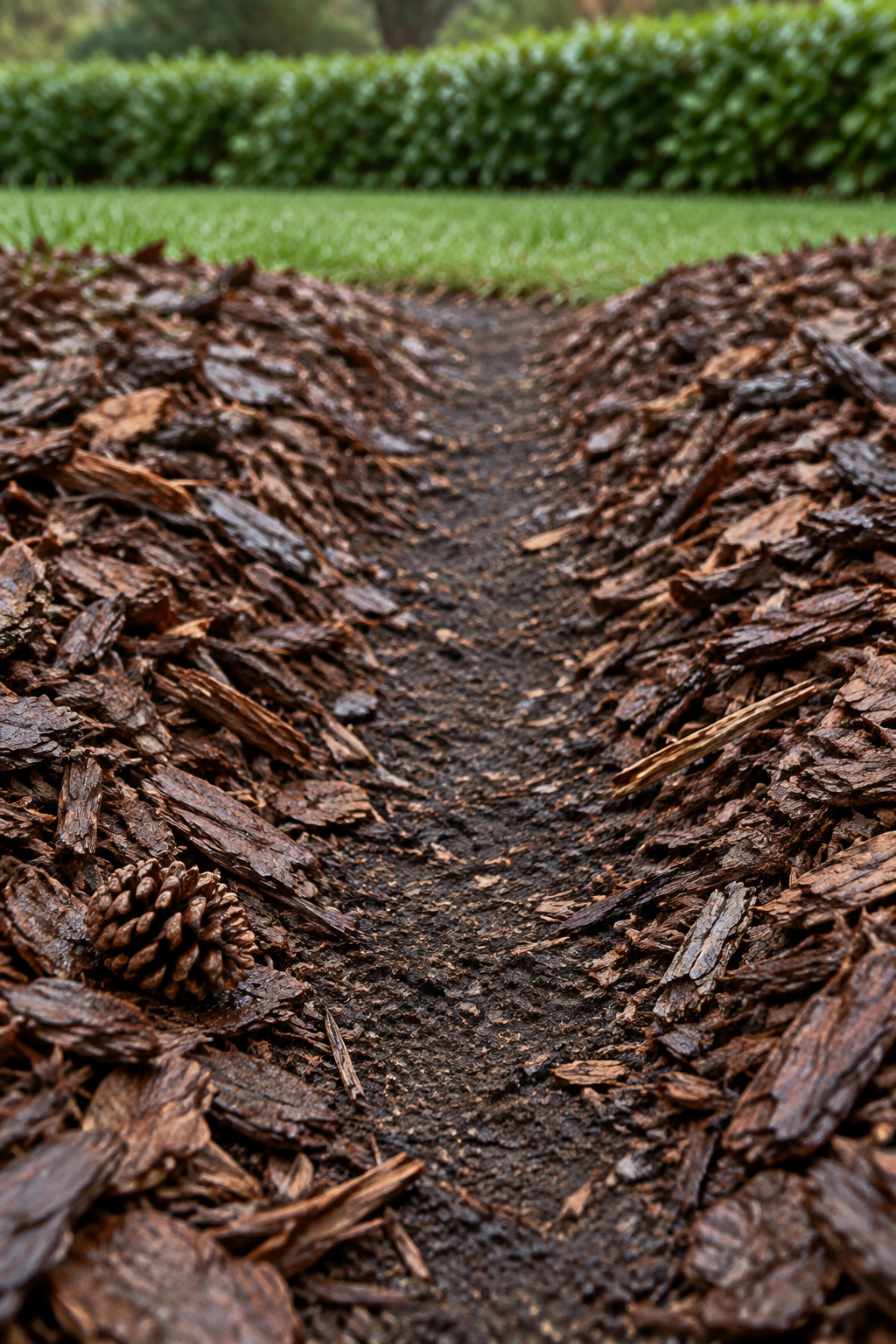 A bark mulch path worn thin along its centre with dark soil showing through and bark piled along both sides