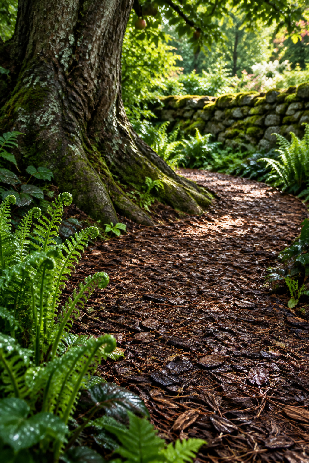 A bark mulch and pine-needle path bending around an old apple tree trunk with ferns along the edge