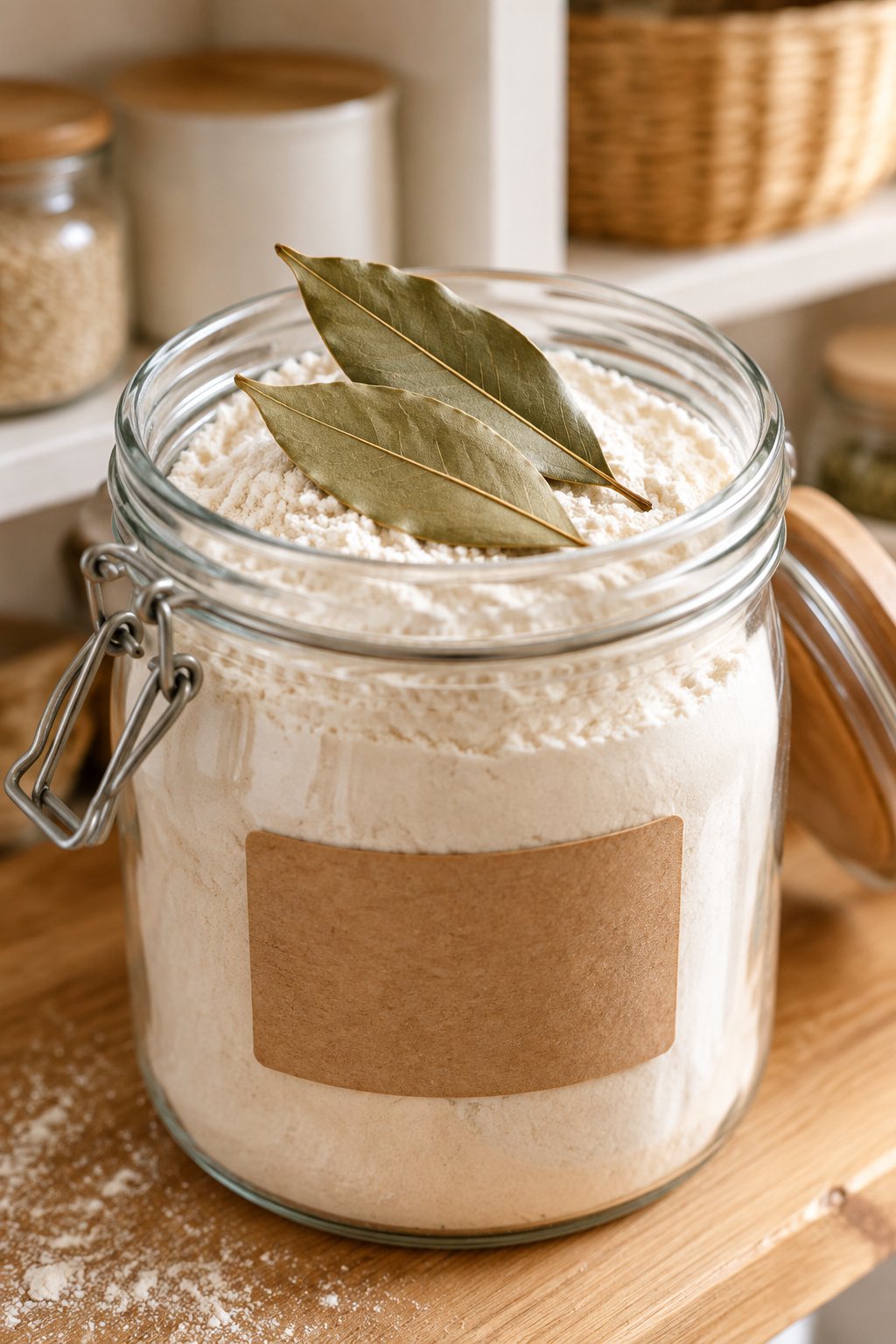 Dried bay leaves resting on top of an open glass flour canister on a pantry shelf