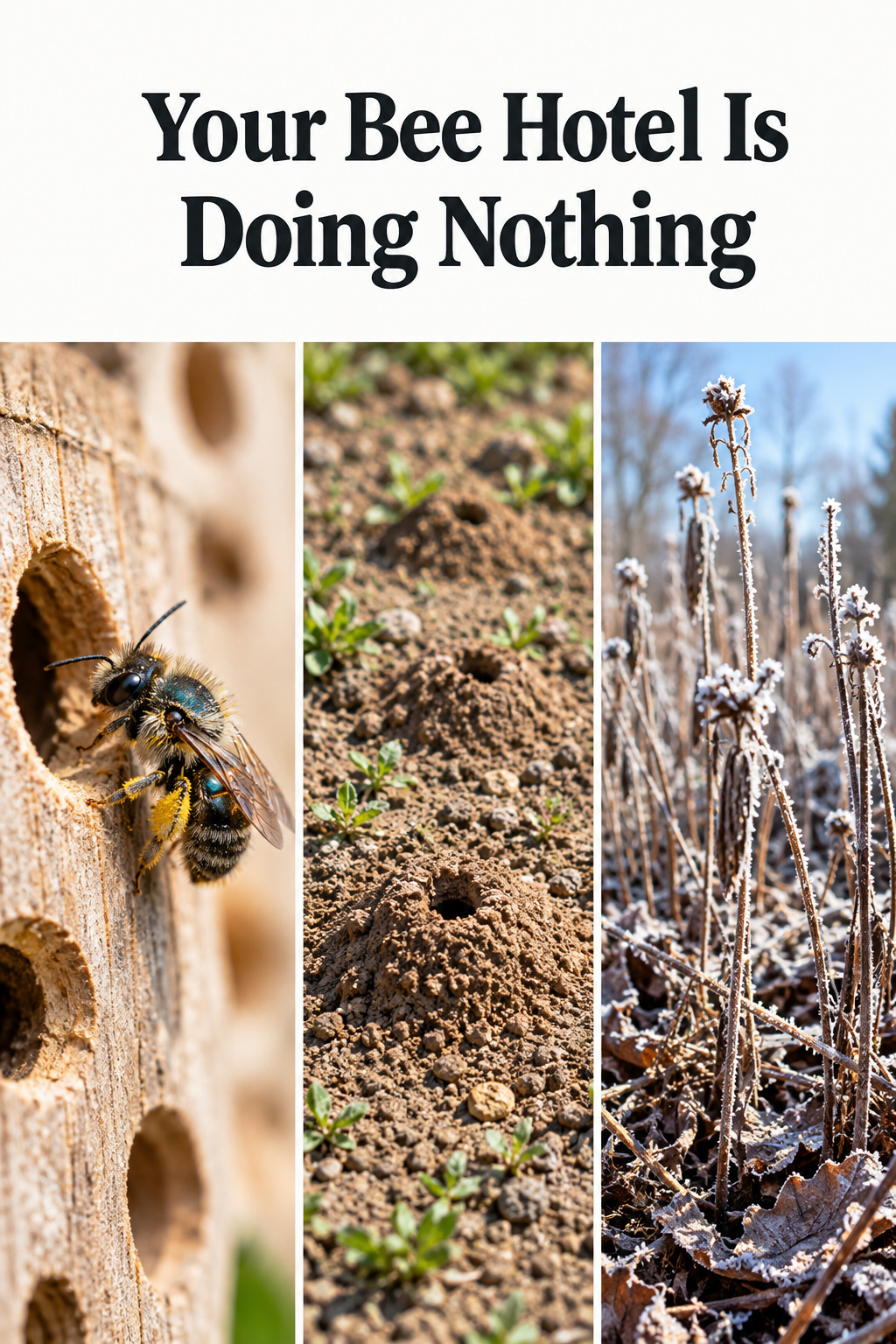 Pinterest collage of a mason bee at a nesting-block hole, a bare soil patch with tunnel mounds, and frosted standing stems, with a chalk-white headline band