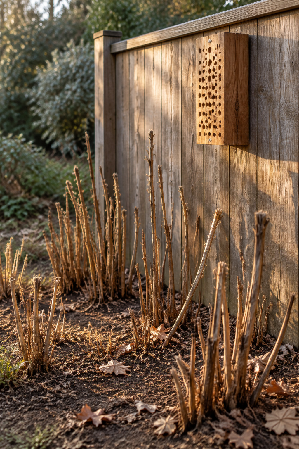 Raw drilled hardwood bee nesting block on a weathered cedar fence above bare soil and standing dead stems at golden hour