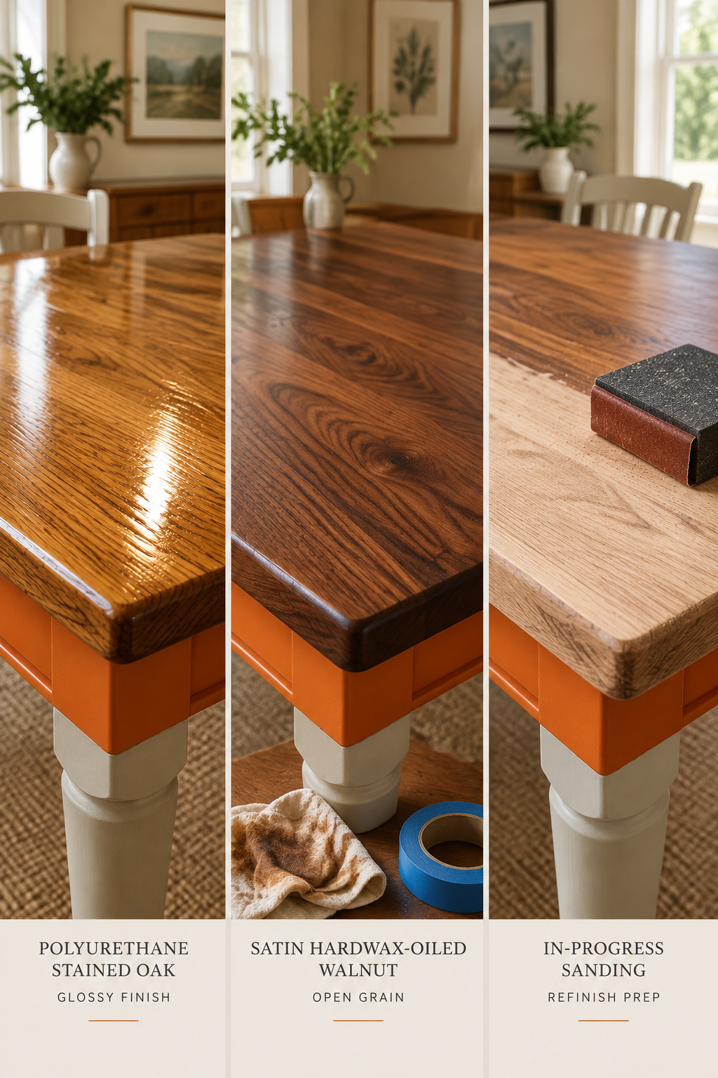 Three-panel Pinterest collage comparing polyurethane, hardwax oil and a sanded tabletop mid-project, with a persimmon orange headline band