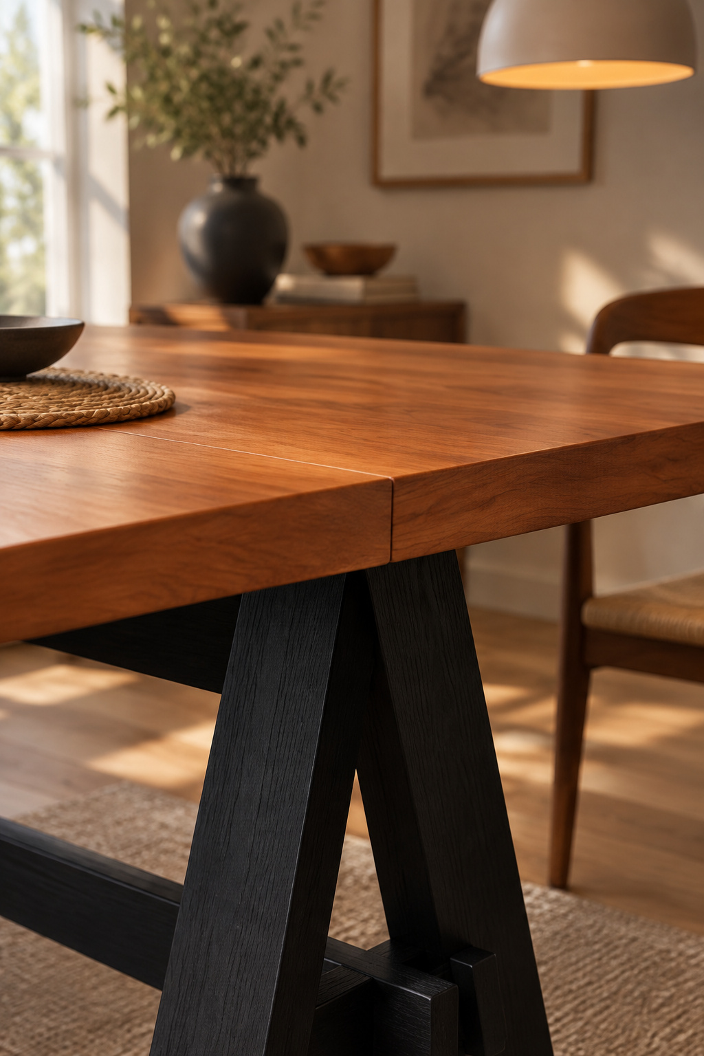 Satin-black trestle table base meeting a warm cherry-stained tabletop