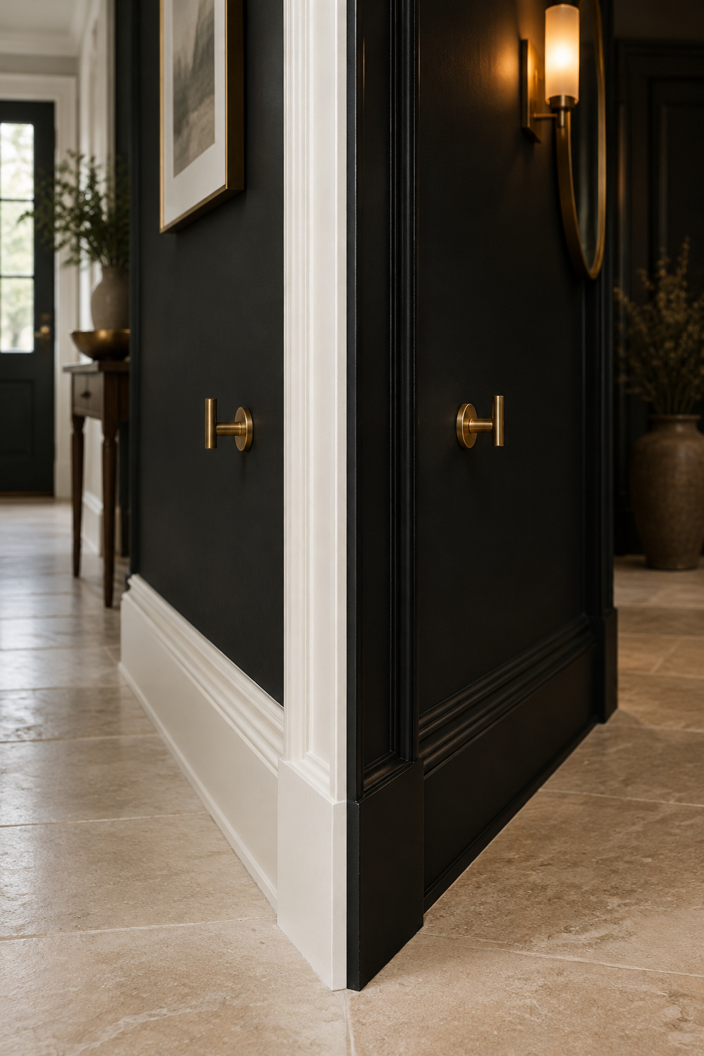 Two entry corners side by side, one with black walls and white trim, one with black walls and matching black trim