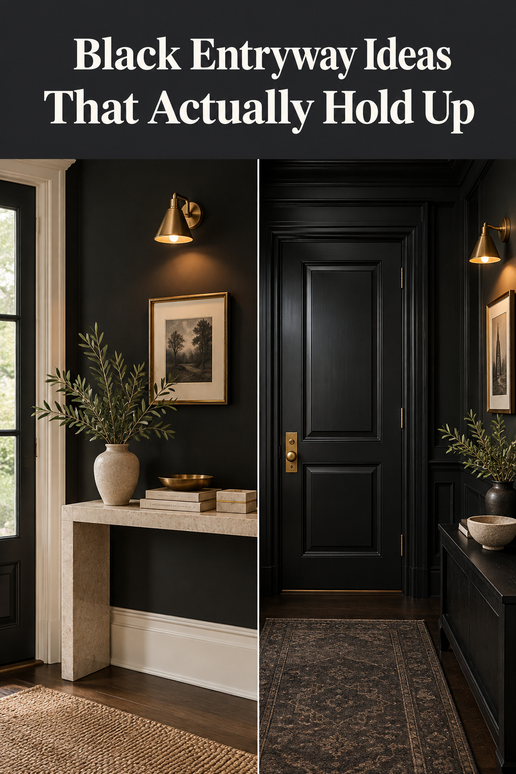 Pinterest pin comparing two black entryway wall treatments, contrast trim versus tone-on-tone, with a bold headline reading Black Entryway Ideas That Actually Hold Up