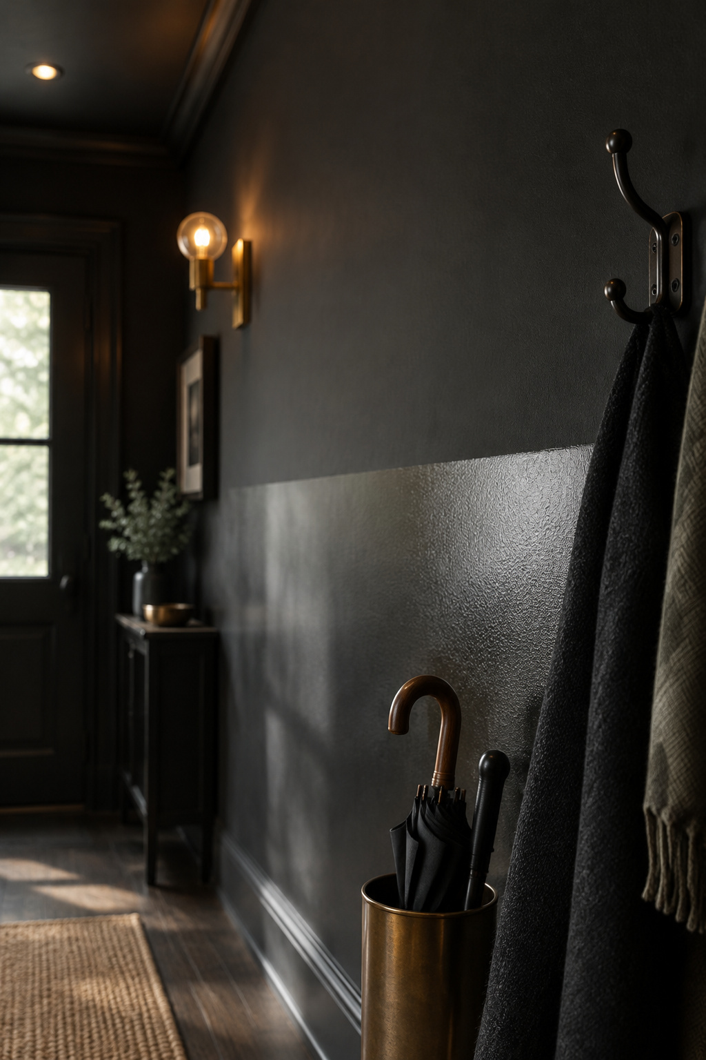 Black entryway wall with eggshell sheen at the lower band transitioning to matte sheen above, near a coat hook