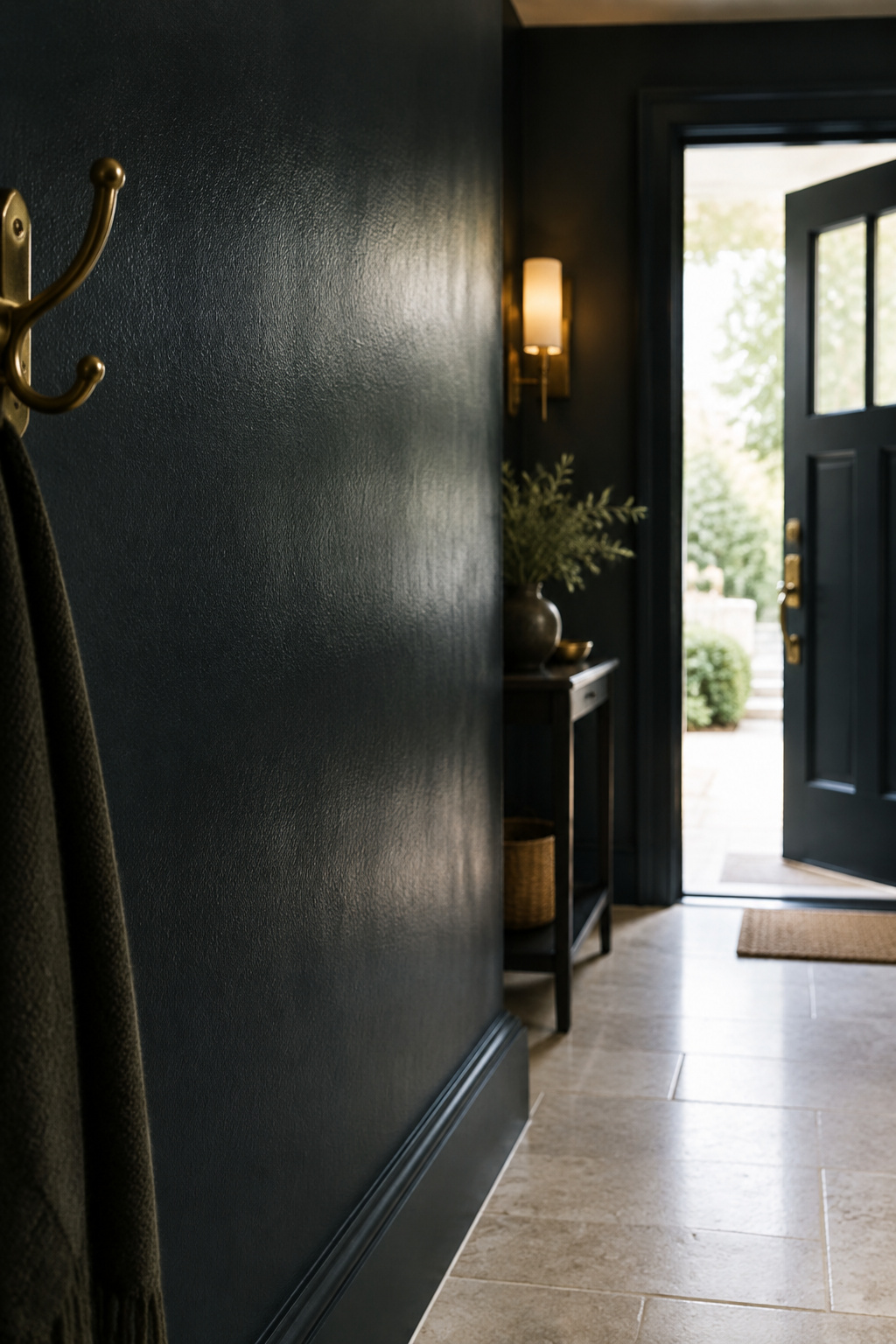 Black painted entryway wall in eggshell sheen with a brass hook and pale limestone floor, daylight coming through an open front door