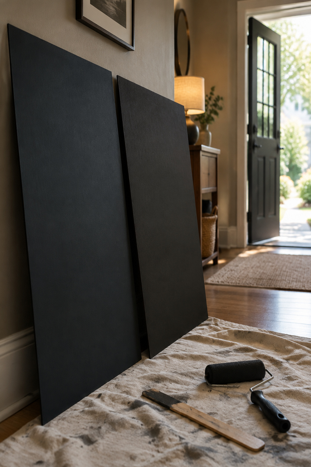 Two large poster boards painted in different black undertones propped against an entryway wall near an open front door