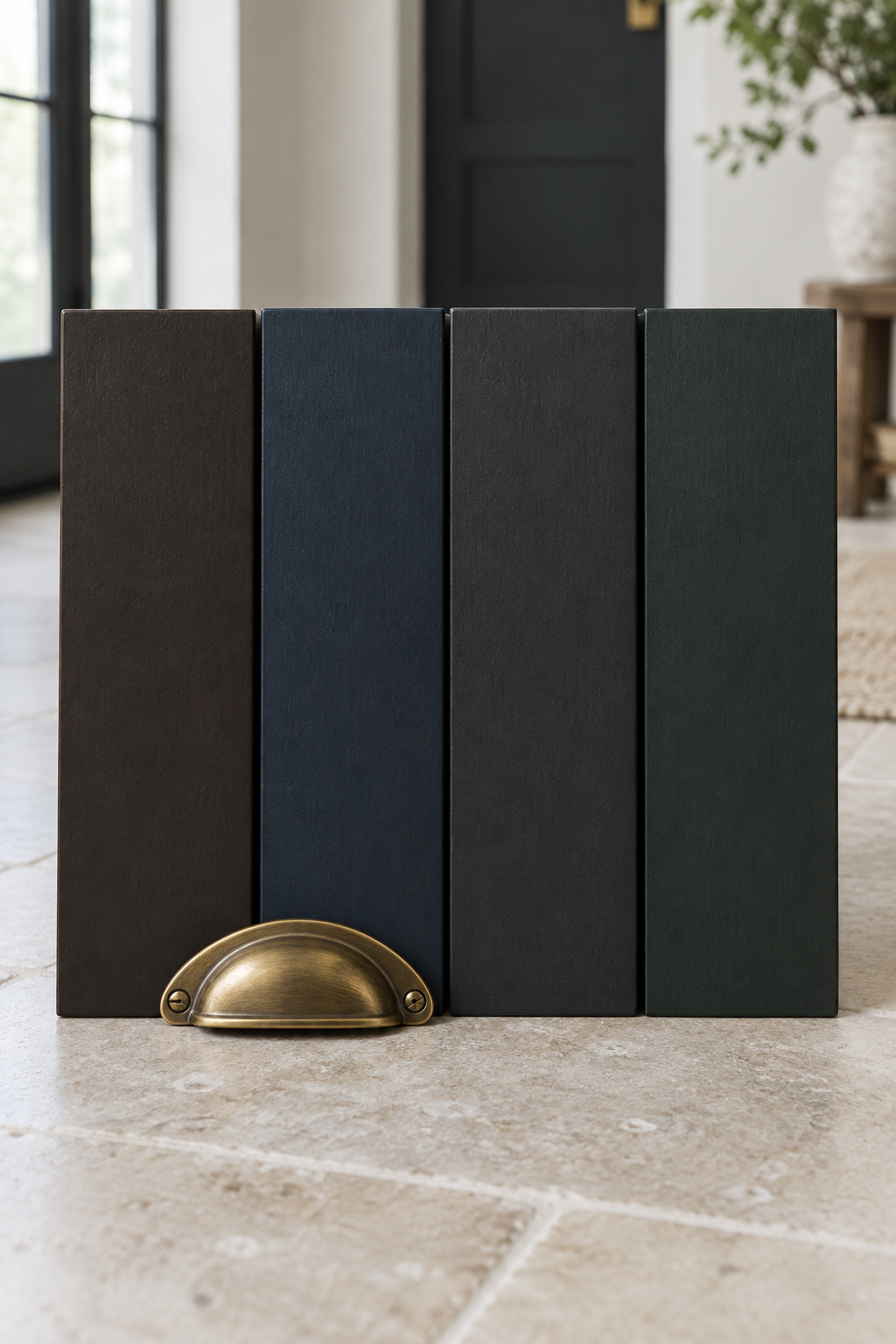 Four black paint sample boards side by side showing warm, blue, neutral and green undertones against a brass drawer pull
