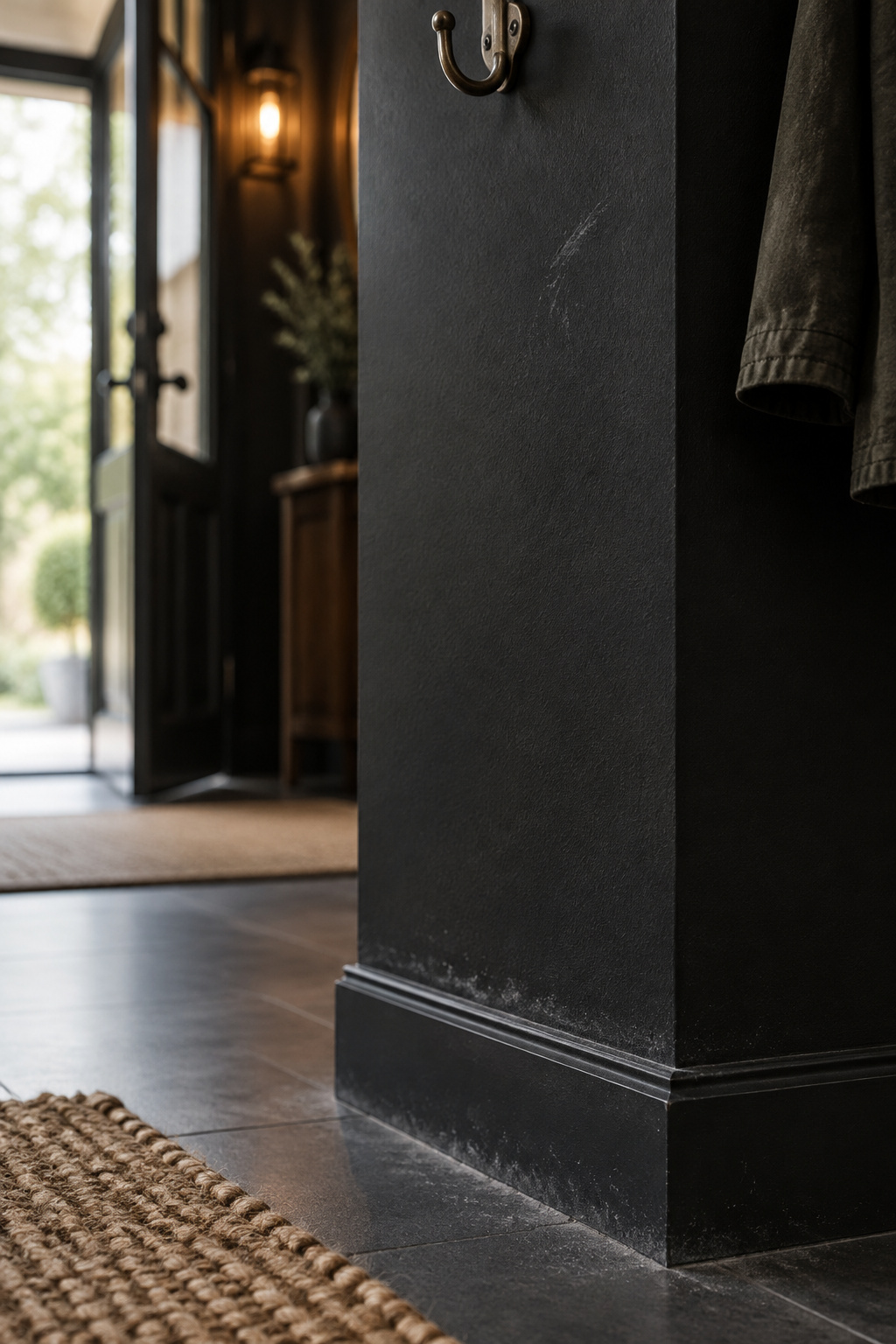 Black entryway wall corner near a sisal doormat showing a faint dust film at the baseboard and a barely visible scuff near a coat hook