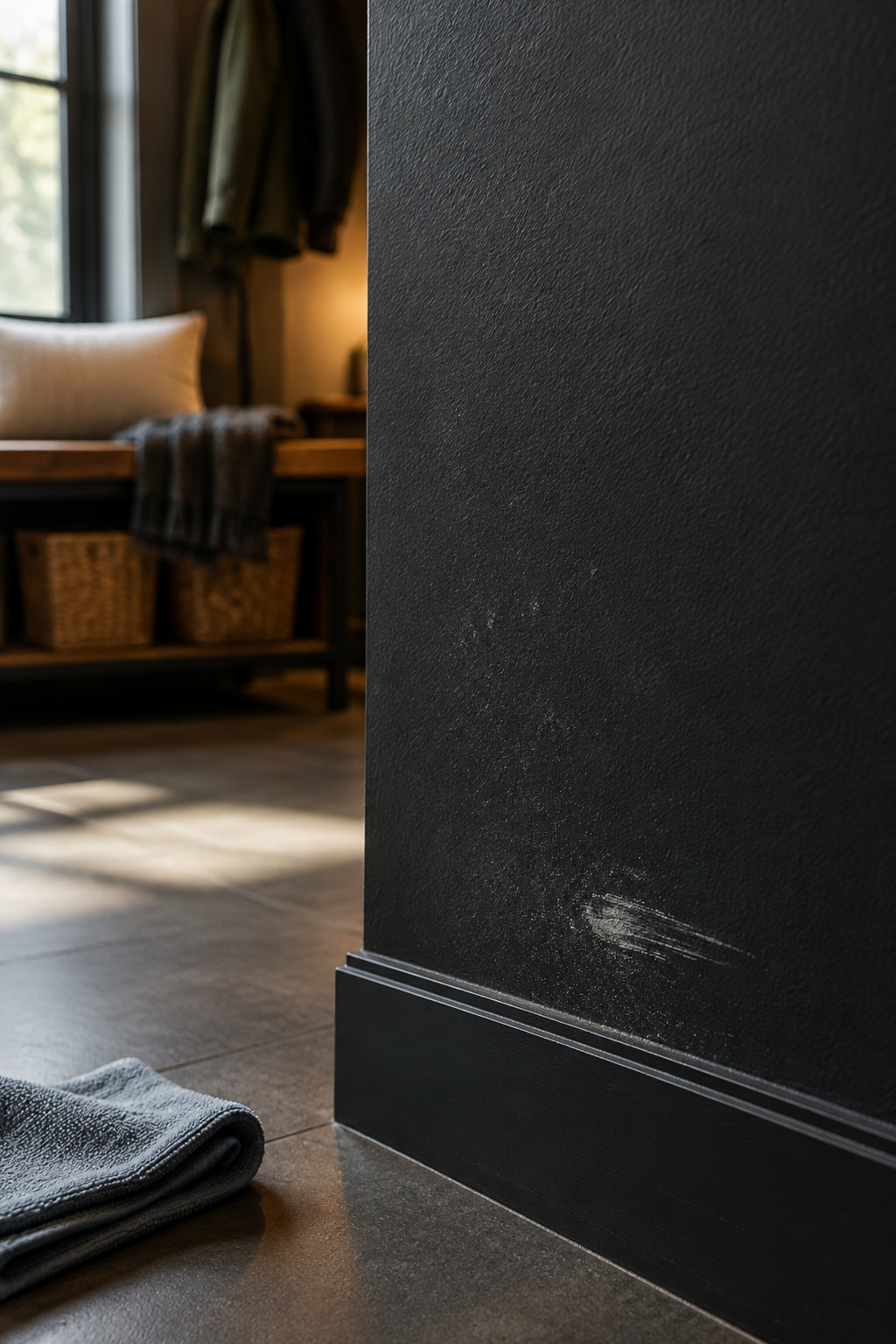 Close-up of a matte black entryway wall showing a faint dust film and a pale scuff mark near the baseboard