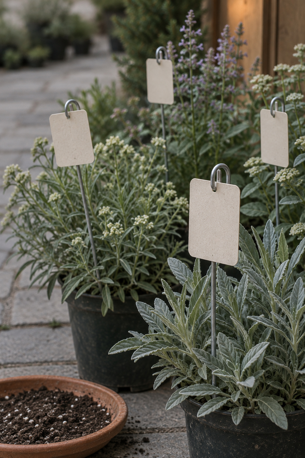 Blank plant tags turned away on wire stakes among potted native perennials at a nursery