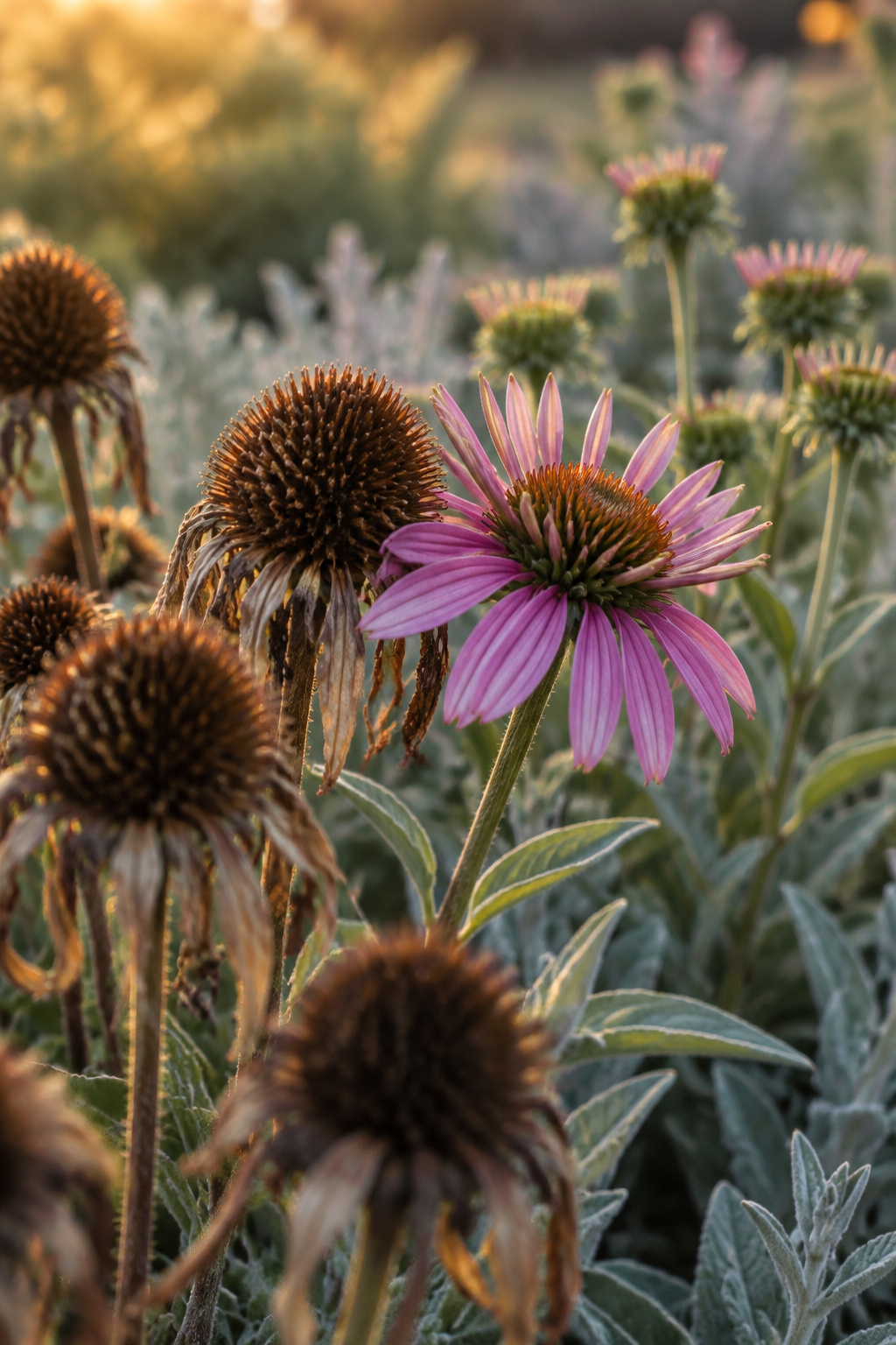 Purple coneflower opening beside the fading seed heads of an earlier spring bloomer, marking the handoff between two bloom windows in golden-hour light