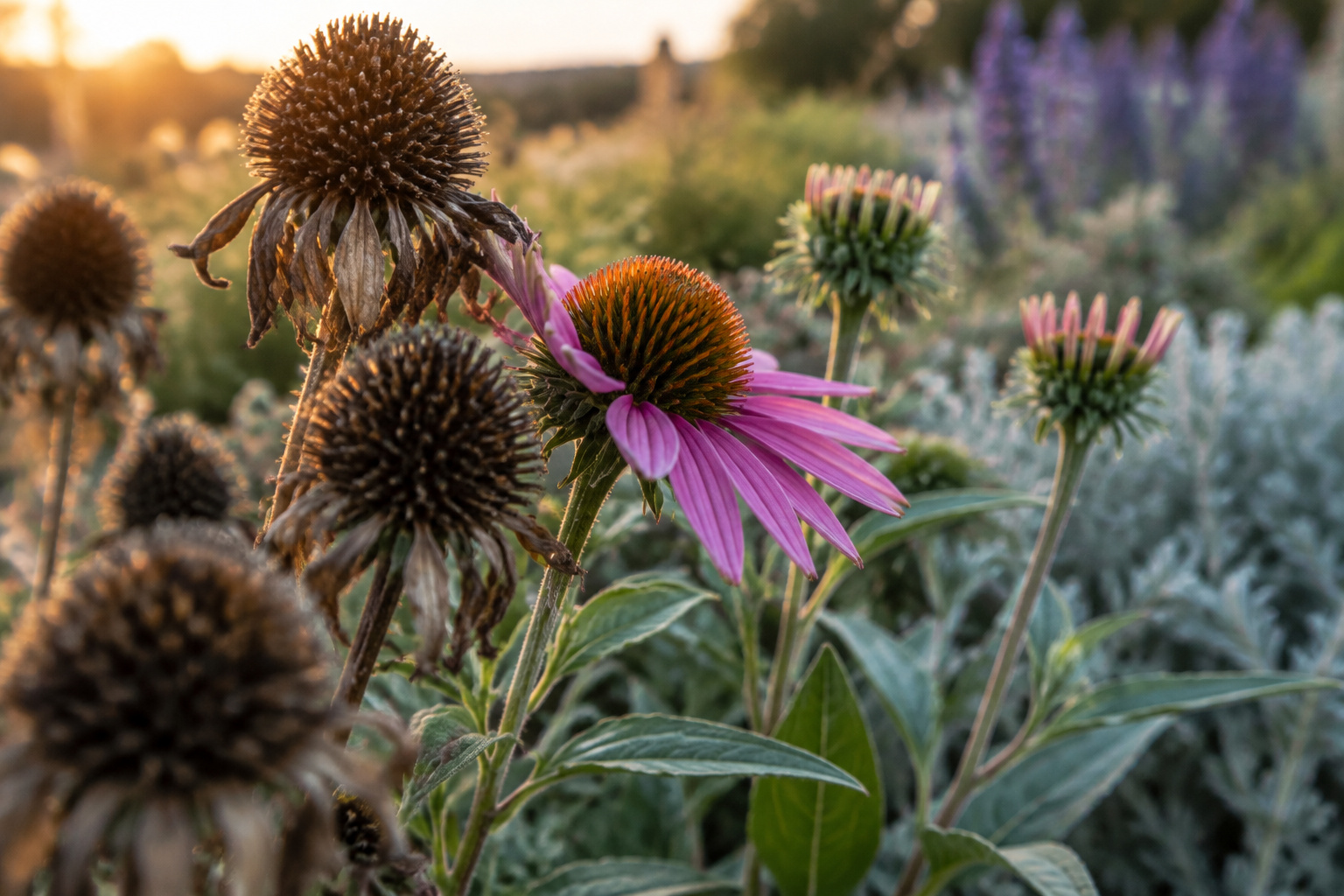 Purple coneflower opening beside the fading seed heads of an earlier spring bloomer, marking the handoff between two bloom windows in golden-hour light