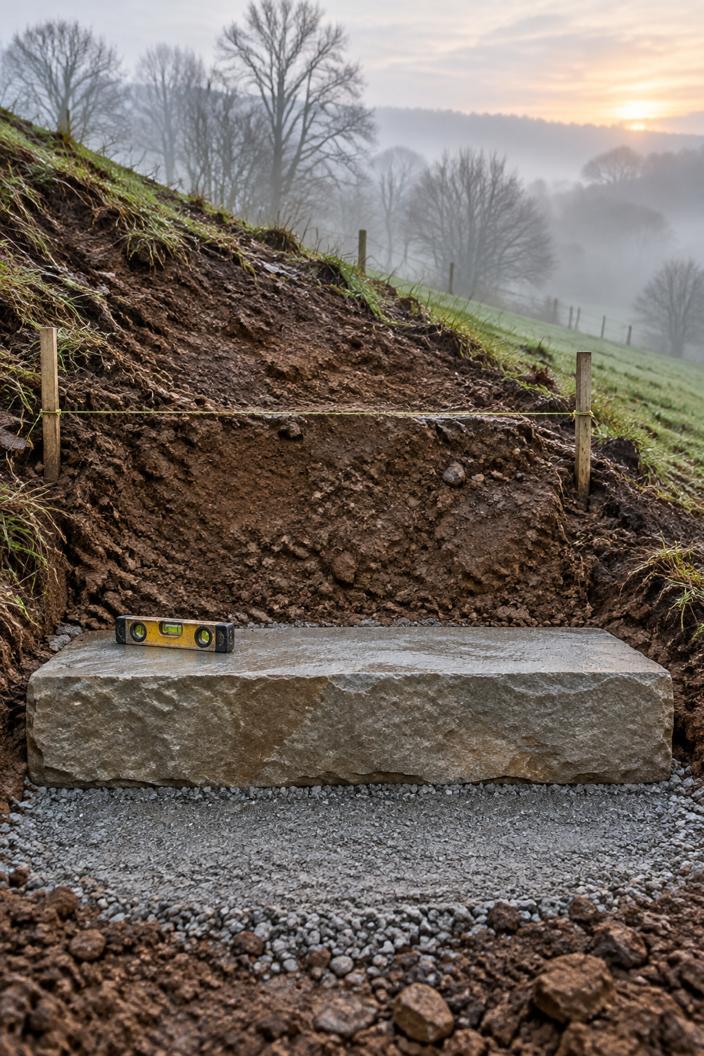 First stone step set level on a compacted crushed-stone bed at the foot of a raw hillside with a pegged string line marking the next step and a spirit level on the tread