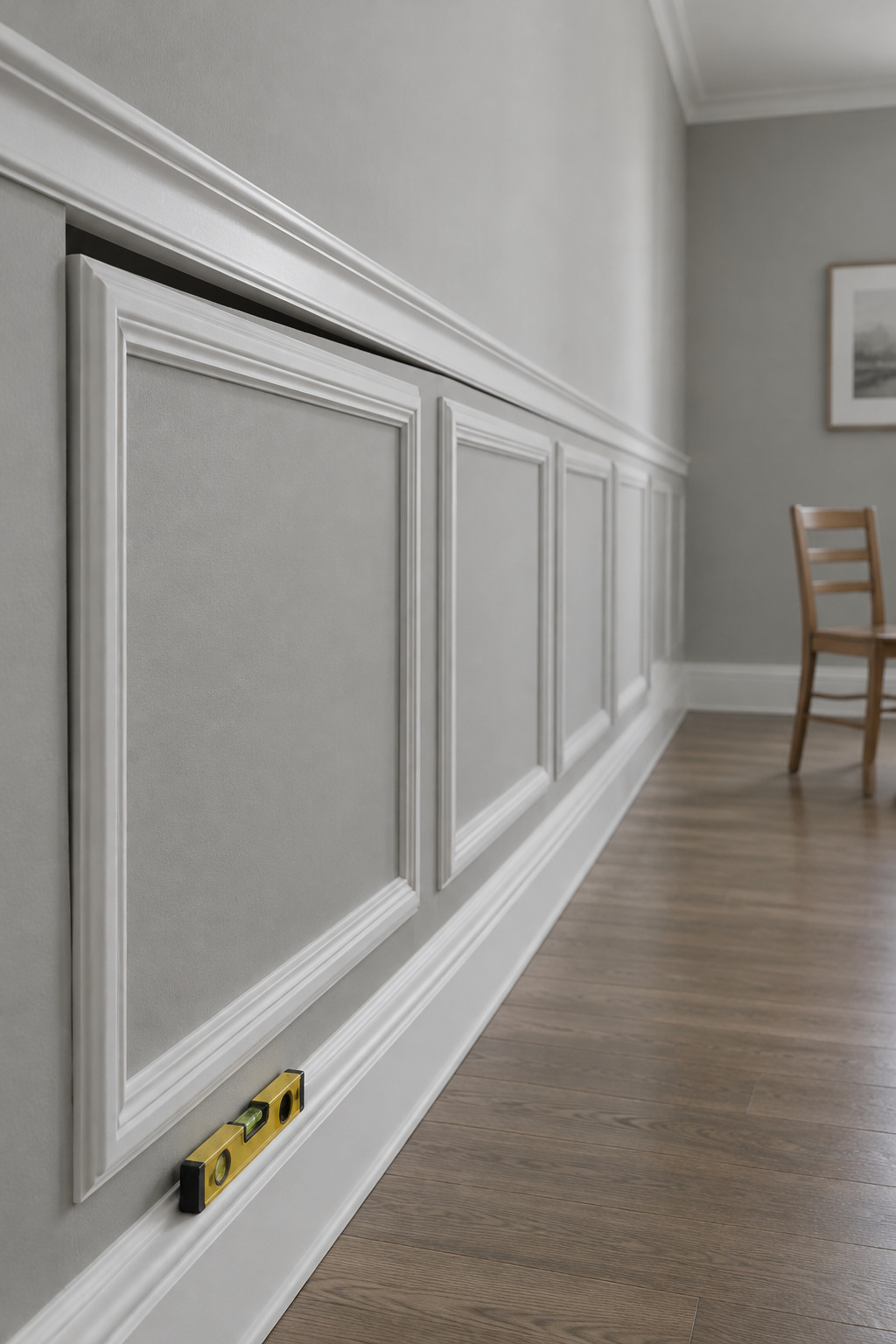 Dining room wall where picture frame molding boxes drift out of line with the chair rail, the gap tapering narrower toward one end