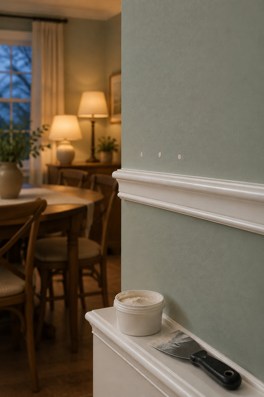 Short run of white trim on a celadon dining room wall with tiny filled brad holes above it and a spackle tub with a putty knife on the baseboard