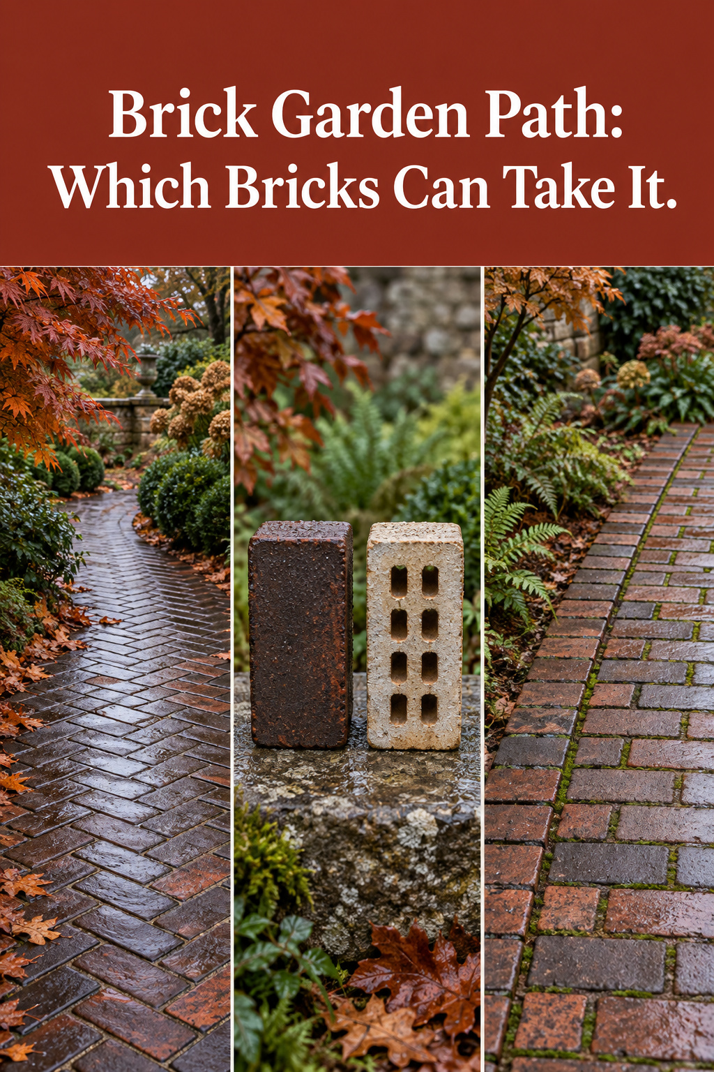 Pinterest collage of a rain-dark herringbone brick path, a solid paving brick beside a cored wall brick, and a mossy running bond path with a soldier course edge, under a brick red headline band