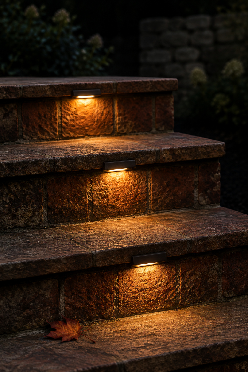 Three weathered brick garden steps in the dark, each riser lit by a small downward light showing the tread edges