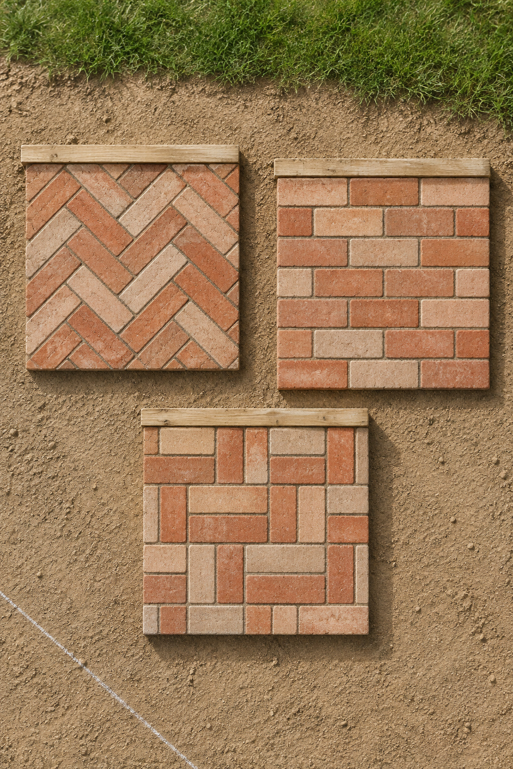 Three small panels of brick laid on sand in herringbone, running bond and basketweave patterns seen from above