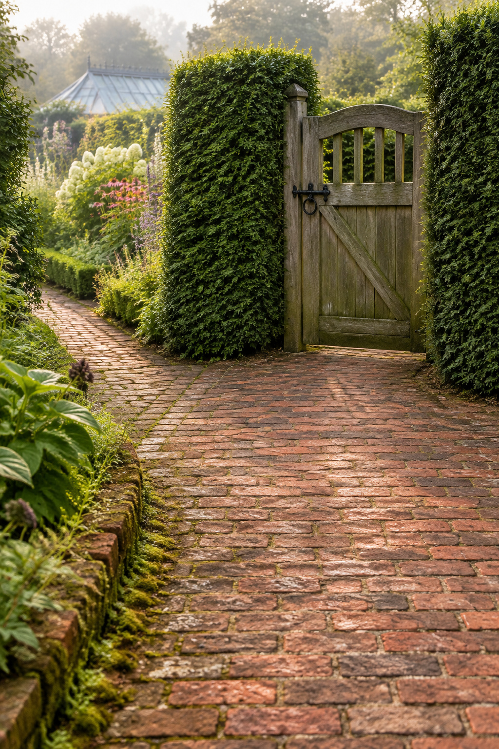A weathered brick path flaring wider where it meets a timber garden gate and a second branch path in a clipped hedge