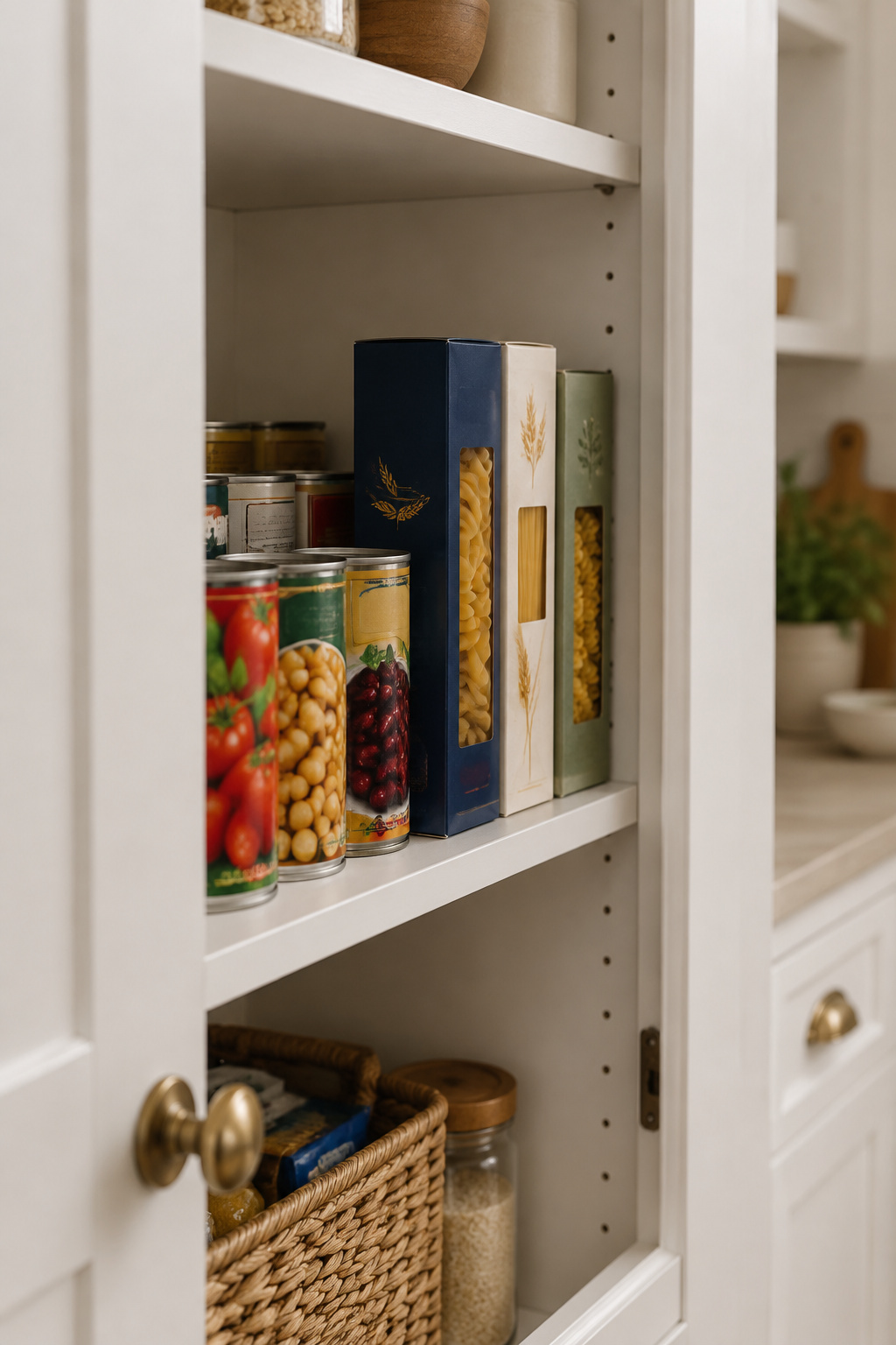 Open built-in pantry cabinet with a shallow 12-inch-deep shelf showing a single visible row of canned goods