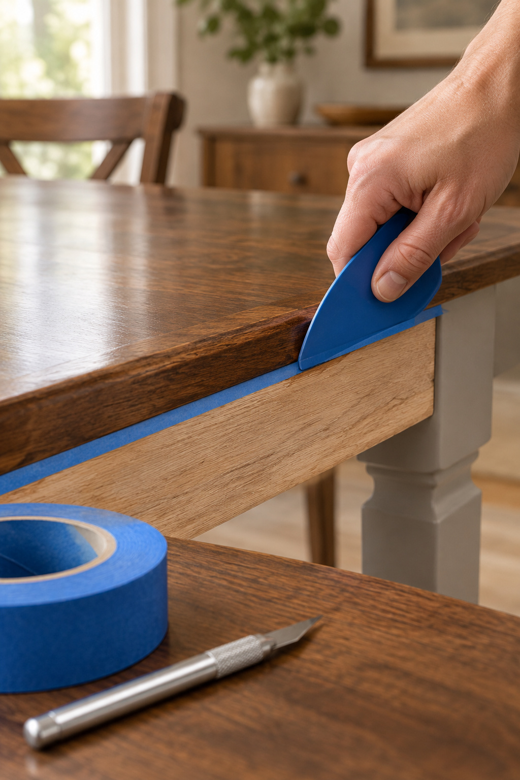 Plastic scraper burnishing a painter's tape edge along the seam where a stained tabletop meets the table apron
