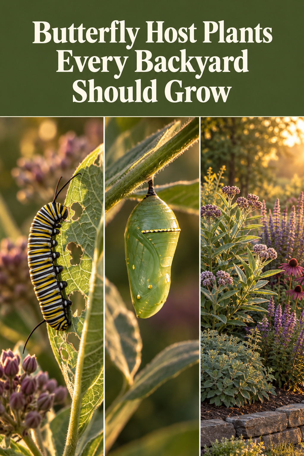 Pinterest pin collage showing a monarch caterpillar, a jade-green chrysalis and a tiered host-plant garden bed with a moss green headline band
