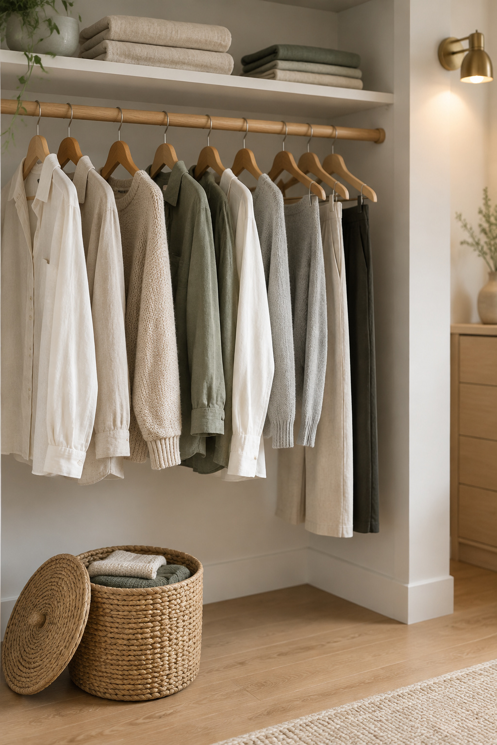 Capsule wardrobe closet with evenly spaced clothing on an oak rod and a woven rattan bin of folded knits