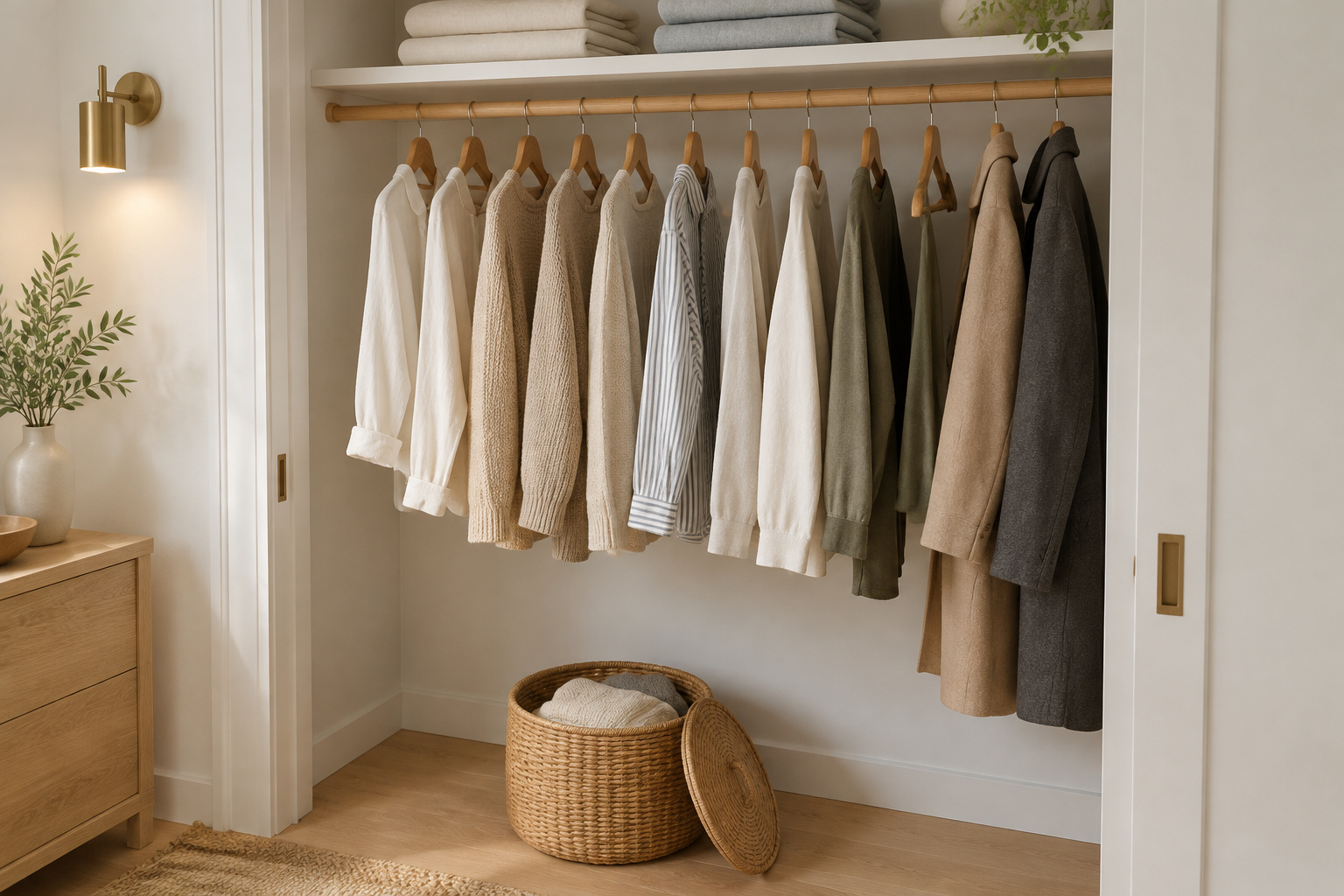 Capsule wardrobe closet with evenly spaced clothing on an oak rod and a woven rattan bin of folded knits